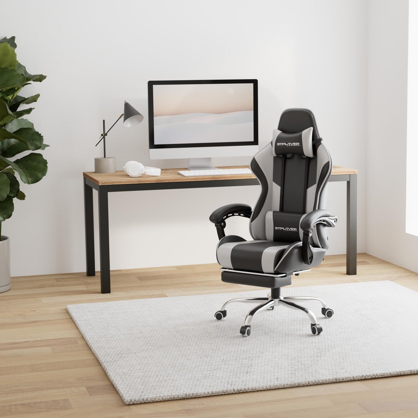 GTPLAYER Office Chair Gaming Chair Massage Gaming Armchair Ergonomic Gamer Chair with Footrest, Headrest Massage Lumbar Cushion, Padded Gaming Chair, Swivel Chair White