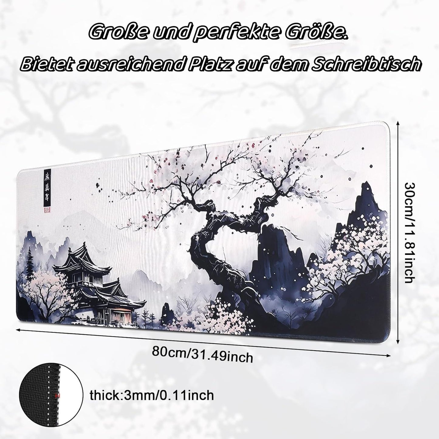 shangtushunli Japanische Weiße Mauspad, Große Kirschblüte Schreibtisch Matte, Anime Gaming Tastatur Matte, Rutschfeste Gummibasis, Großer Erweiterter Schreibtisch Schutz Für Home Office1