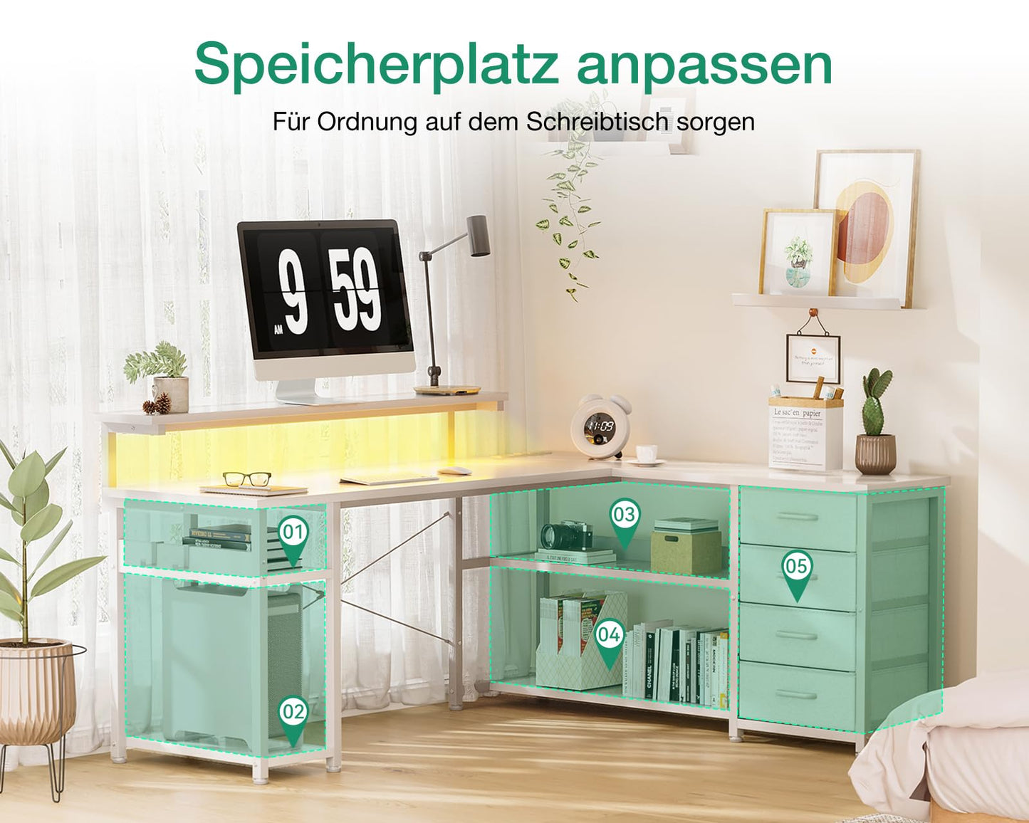 ODK Schreibtisch mit Schubladen, Reversible Eckschreibtisch mit 2 Steckdosen und 2 USB Ladeanschluss, Bürotisch L Form mit LED für Home Office 135×110cm (Schwarz)