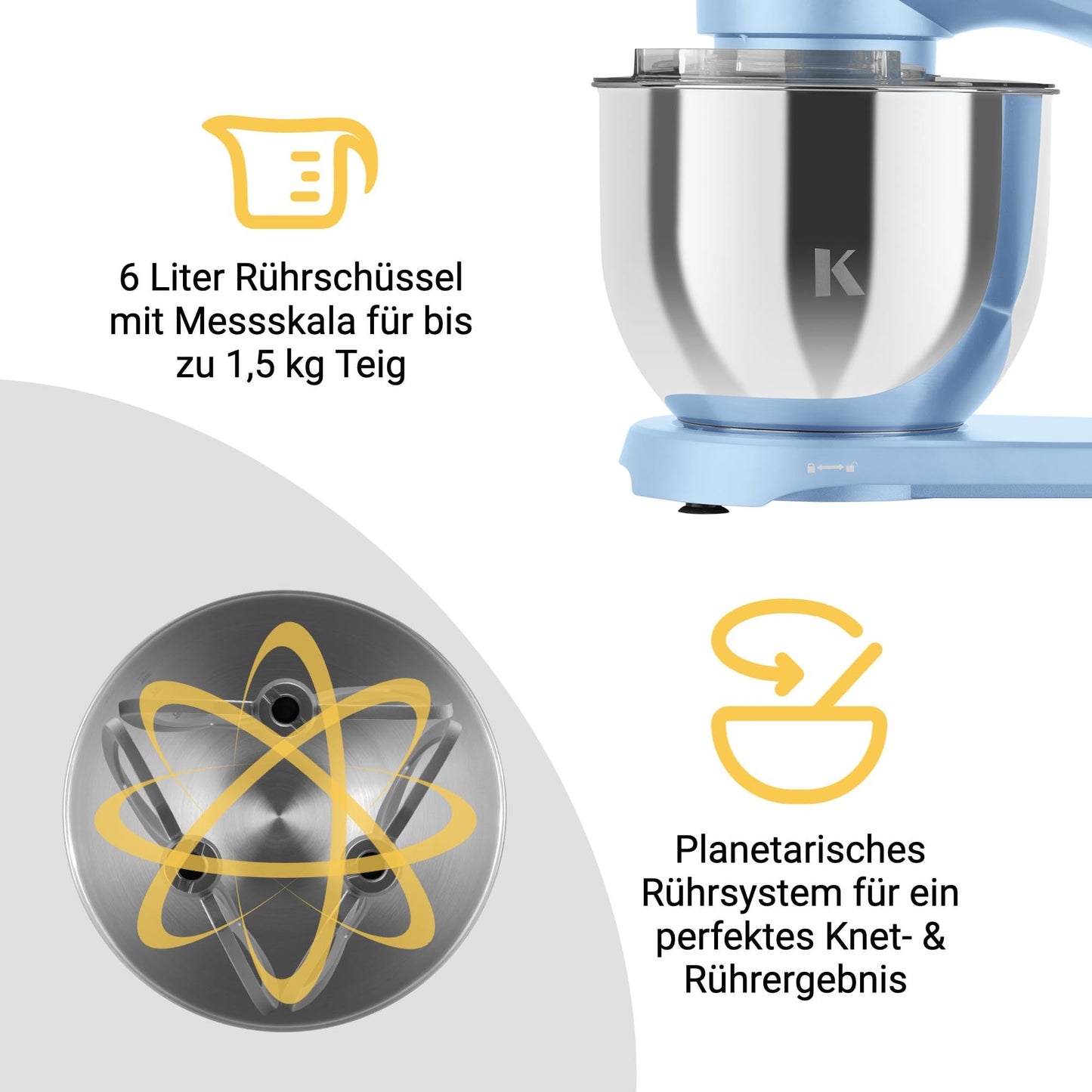 KLAMER Küchenmaschine 1800W, Knetmaschine Brotteig mit Edelstahl-Rührschüssel 6 L, 10 Stufen mit Timer, Planetenrührwerk, Rührbesen, Knethaken, Schneebesen & Sichtdeckel (schwarz)