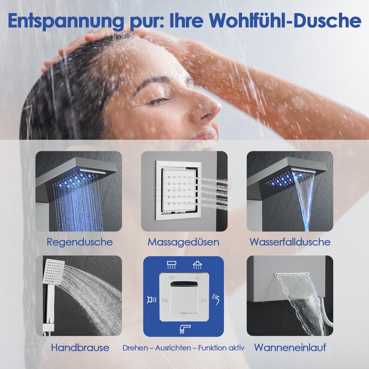 LED Duschpaneel mit Thermostat, OUGOO 6 Funktionen Duschpaneel mit Armatur, Regendusche, Wasserfalldusche, 2-Typ-Massagedüsen, Handbrause und Badewanneneinlauf, 304 Edelstahl, Schwarz