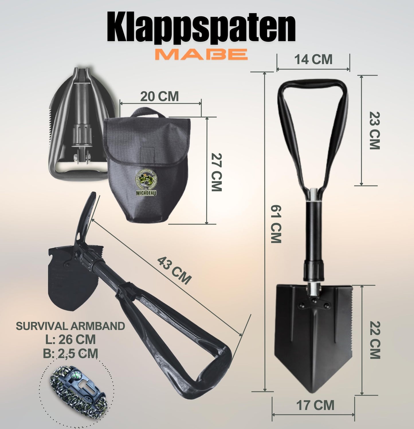 MiCadeau Klappspaten, Ostergeschenk, Geburtstagsgeschenk für Männer, Garten Spaten, Schaufel aus robustem Karbonstahl m. Gürteltasche, ideal fürs Abenteuer, Zelten, Outdoor, Autozubehör (Schwarz)