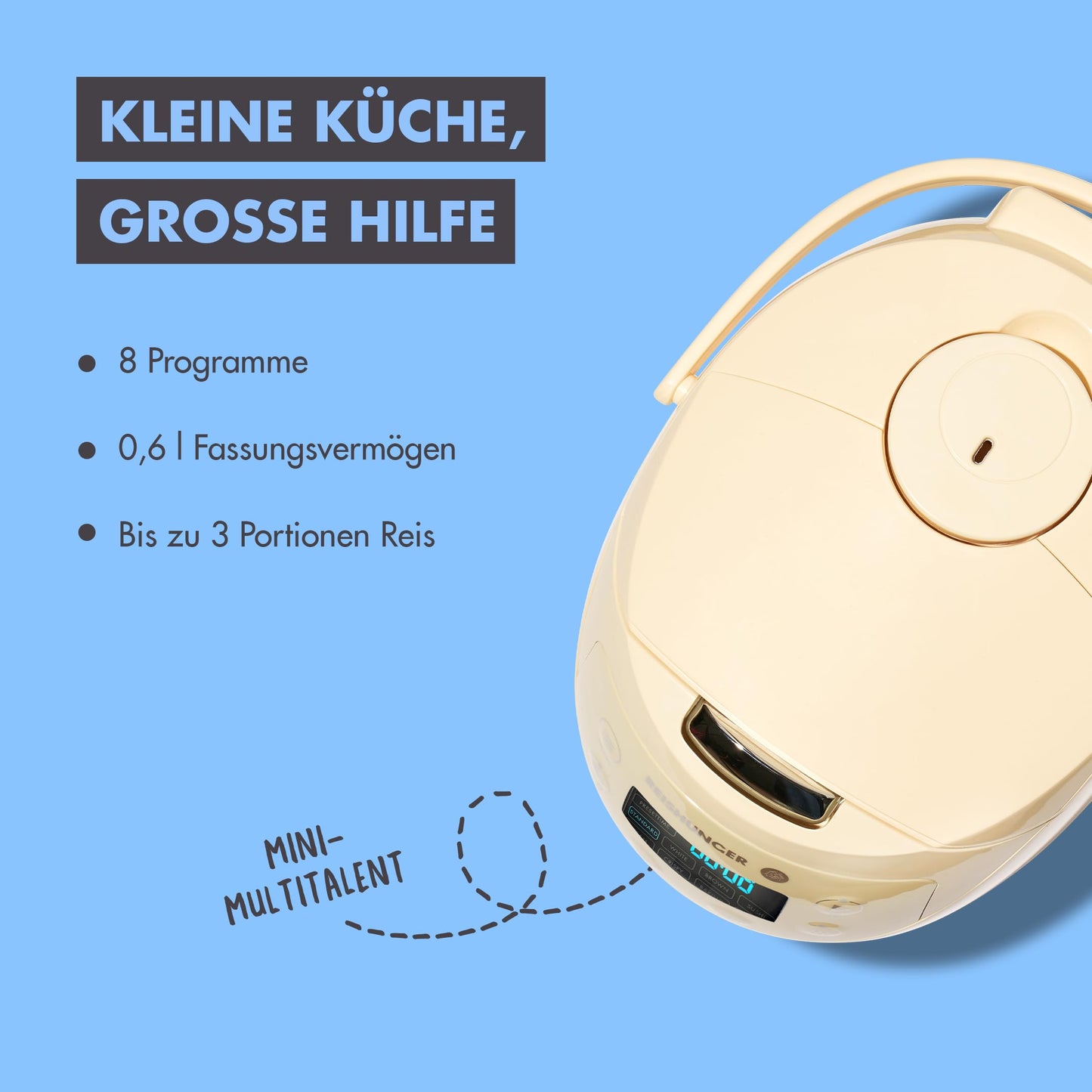 REISHUNGER Digitaler Reiskocher klein, schwarz | 0,6 L bis 3 Personen | Warmhaltefunktion, Timer & Premium Topf | Kleiner Multikocher & Dampfgarer, 8 Programme, 7-Phasen-Technologie