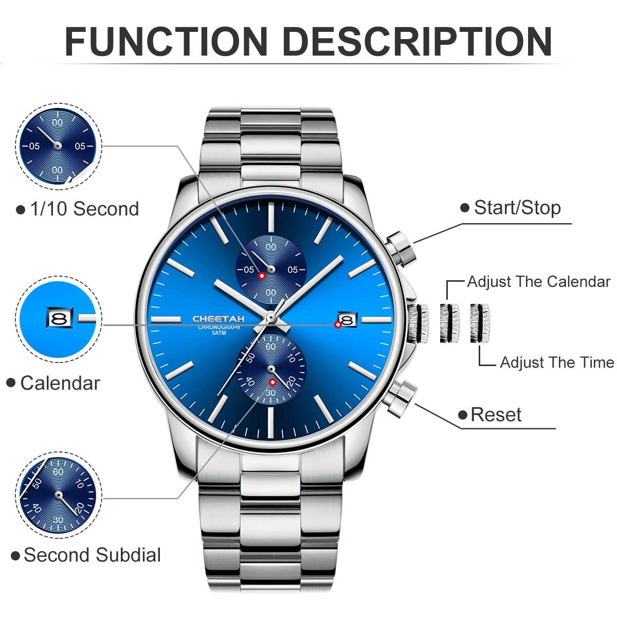 Herrenuhren mit lässiger wasserdichter Chronographen Quarzuhr aus Edelstahl und Metall, Auto Date in farbenfrohen Zeigern