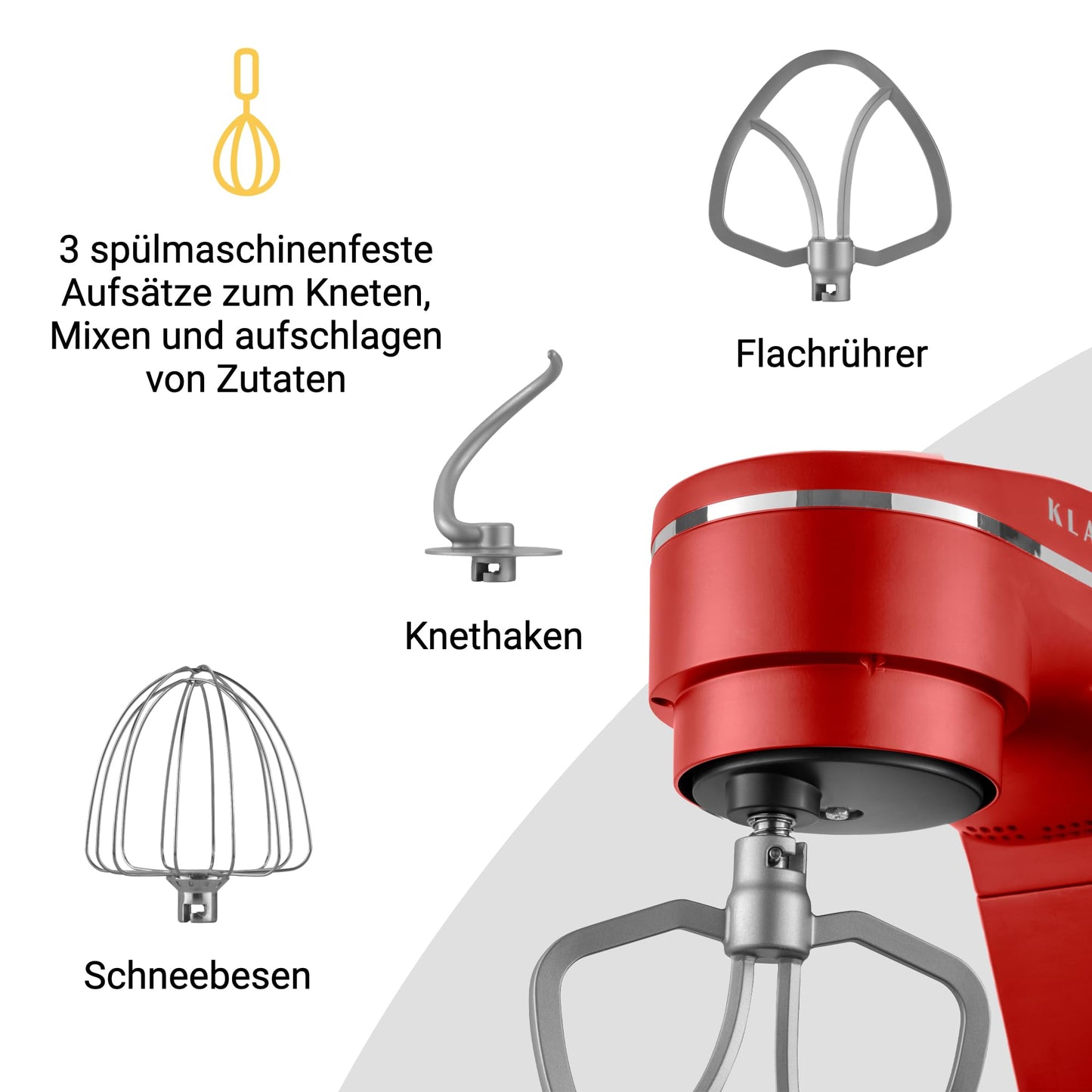 KLAMER Küchenmaschine 1800W, Knetmaschine Brotteig mit Edelstahl-Rührschüssel 6 L, 10 Stufen mit Timer, Planetenrührwerk, Rührbesen, Knethaken, Schneebesen & Sichtdeckel (schwarz)