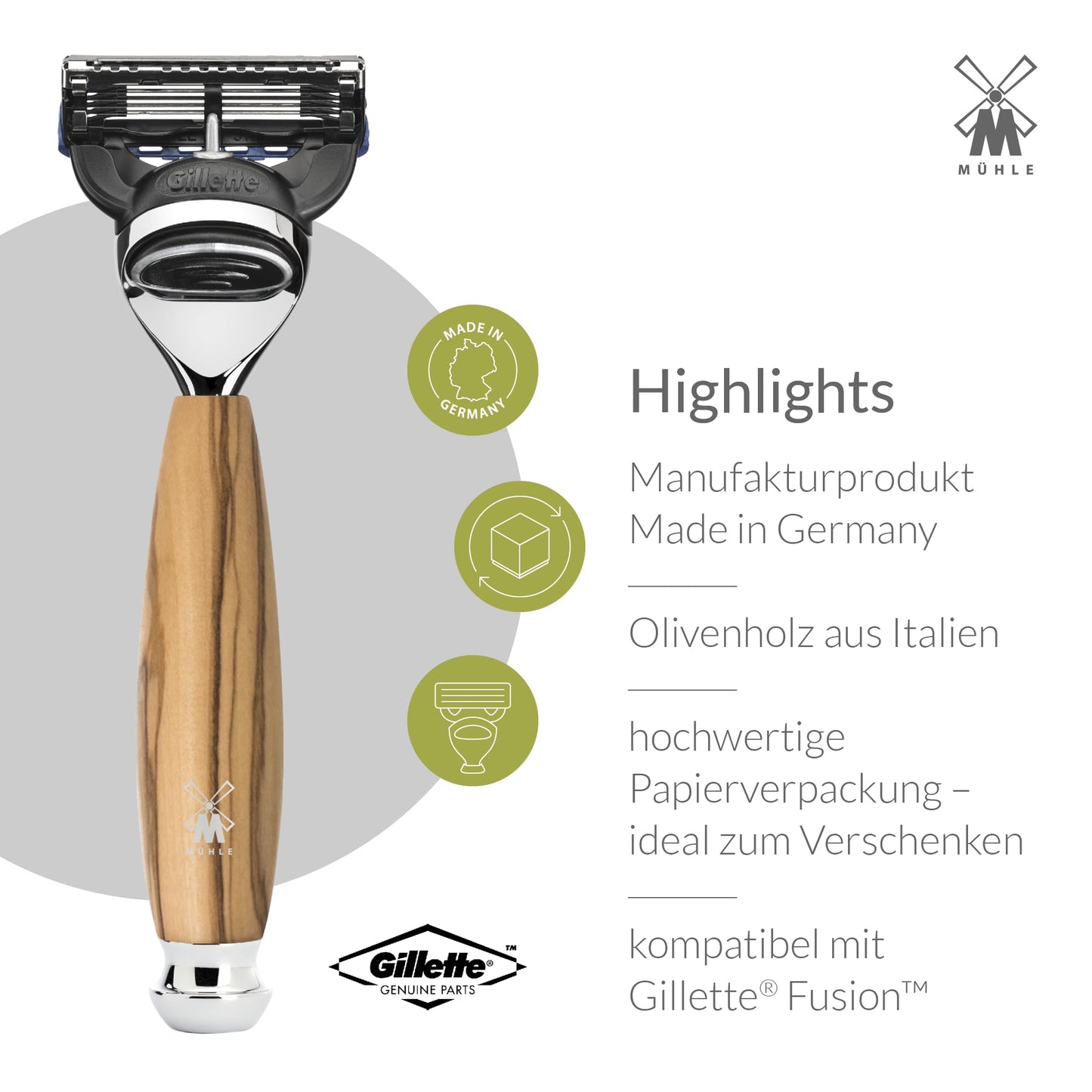 MÜHLE Vivo Rasierset kompatibel mit Gillette-Klingen, Dachshaar-Rasierpinsel, Halterung mit Schale - Olivenholz-Griffe