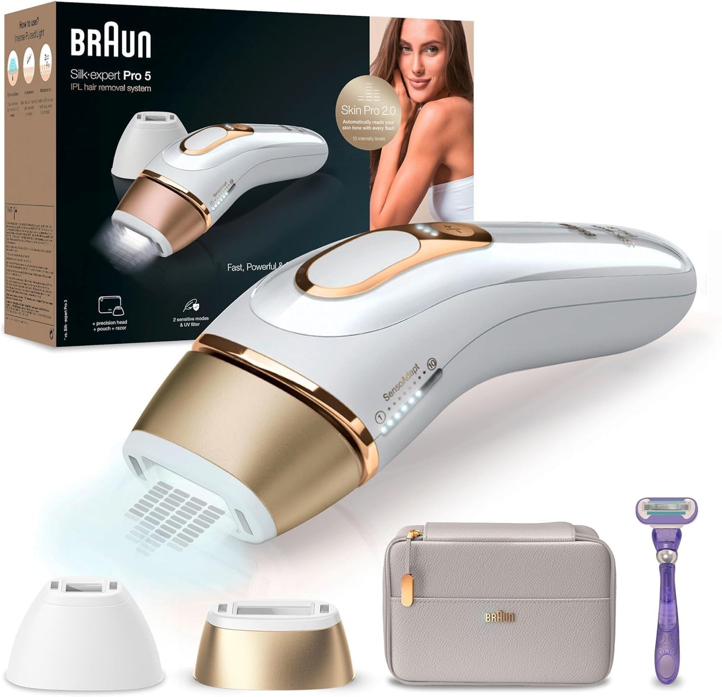 Braun IPL Silk Expert Pro 5 Haarentfernungsgerät Damen/Herren, 2 Aufsätze, sichtbare Haarentfernung, Designed In Germany, Venus Rasierer, Alternative zu Laser Haarentfernung, PL5157, weiß/gold