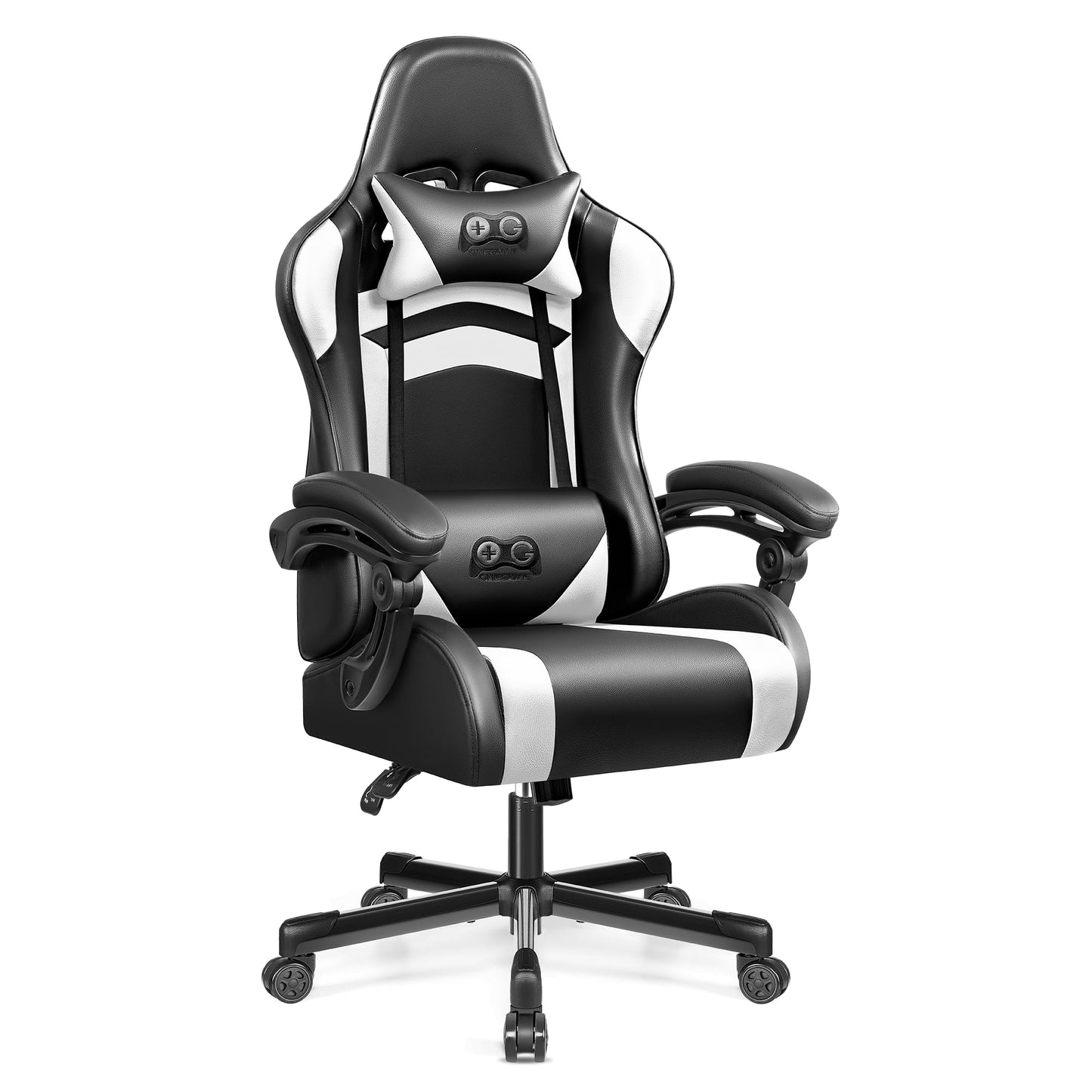 OneGame Ergonomischer Gaming Stuhl, hoher Rücken Computer Gamer Stuhl, höhenverstellbarer Game Stuhl, Racing Style Gaming Bürostuhl mit Kopfstütze und Lendenwirbelstütze, Schwarzweiß