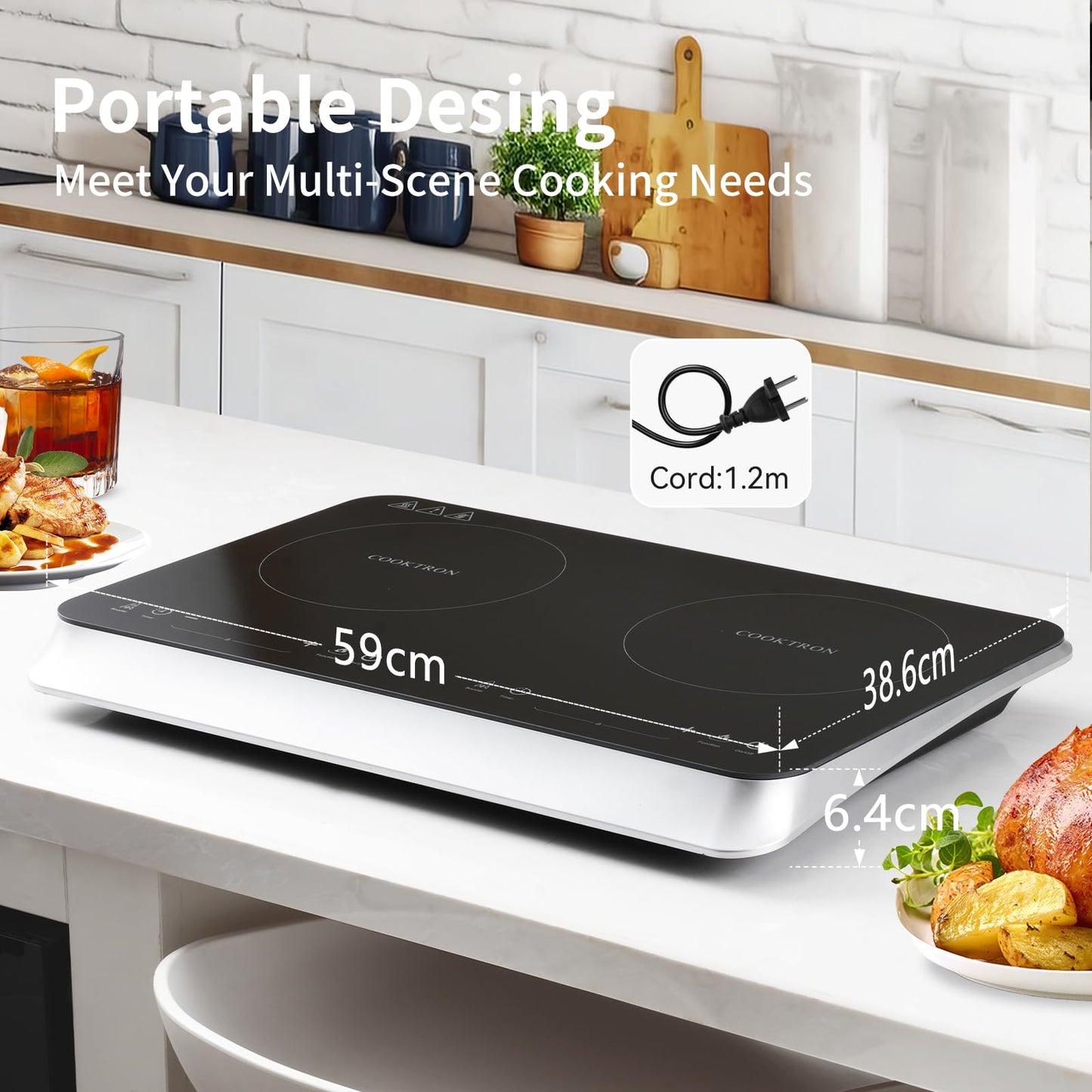 COOKTRON Induktionskochfeld 2 Platten Mobil, 3500W Doppel-Induktionskochplatte mit 6 Leistungsstufen, 10 Temperaturstufen, 3-Stunden-Timer, Touch-Steuerung, Ideal für Camping und Küche, Schwarz