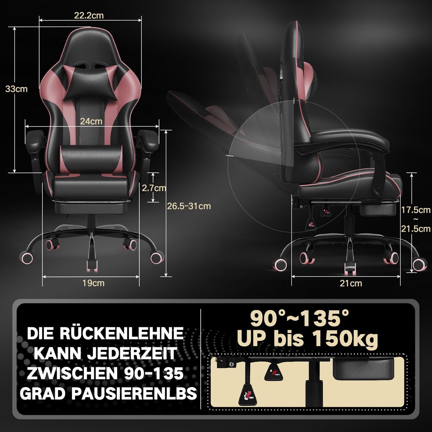 Devoko Massage Gaming Chair, Office Chair with Footrest and Massage Lumbar Cushion, Gamer Chair with Headrest, Ergonomic Gaming PC Chair 150 kg Load Capacity, Black