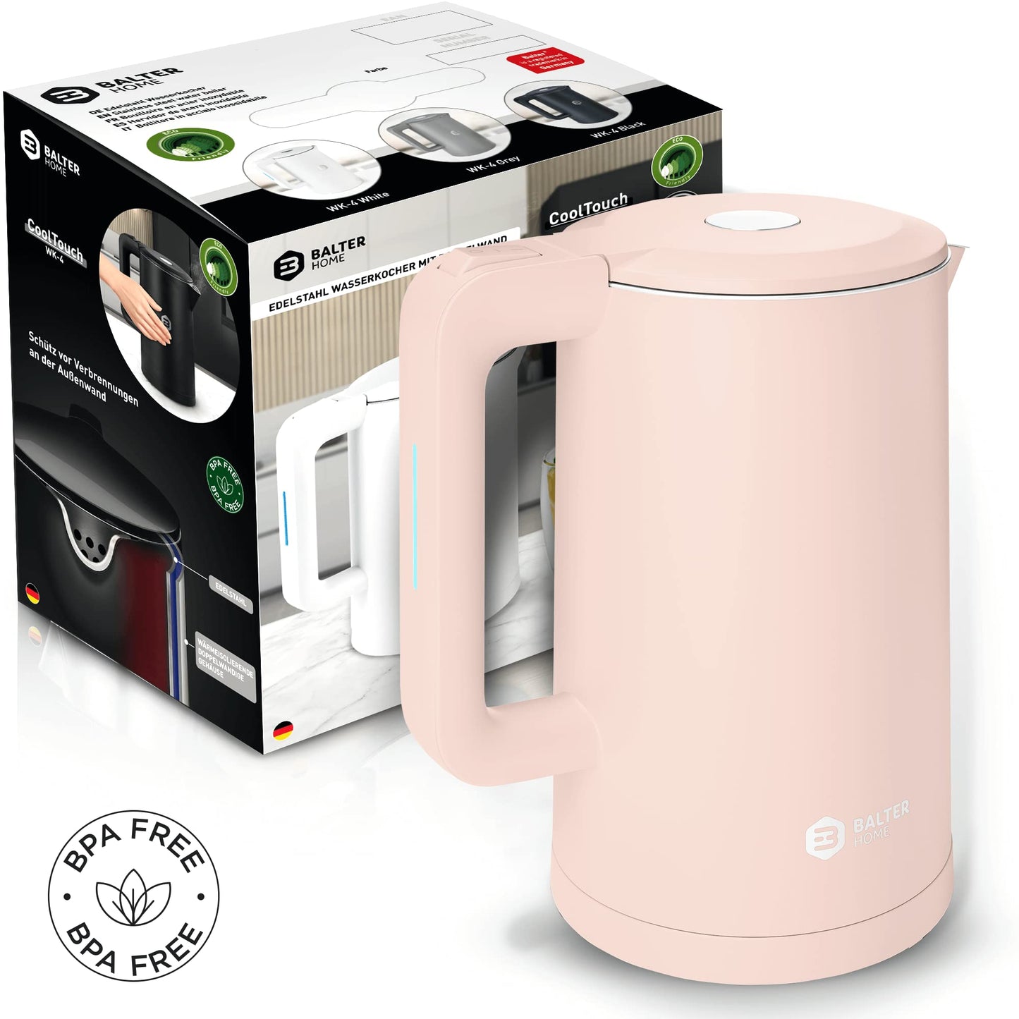 Balter Wasserkocher Edelstahl WK-4, 1,7 Liter, elektrischer Wasserkocher, Doppelwand Design, BPA frei, LED, Teekocher Kompakt, leise (Schwarz)