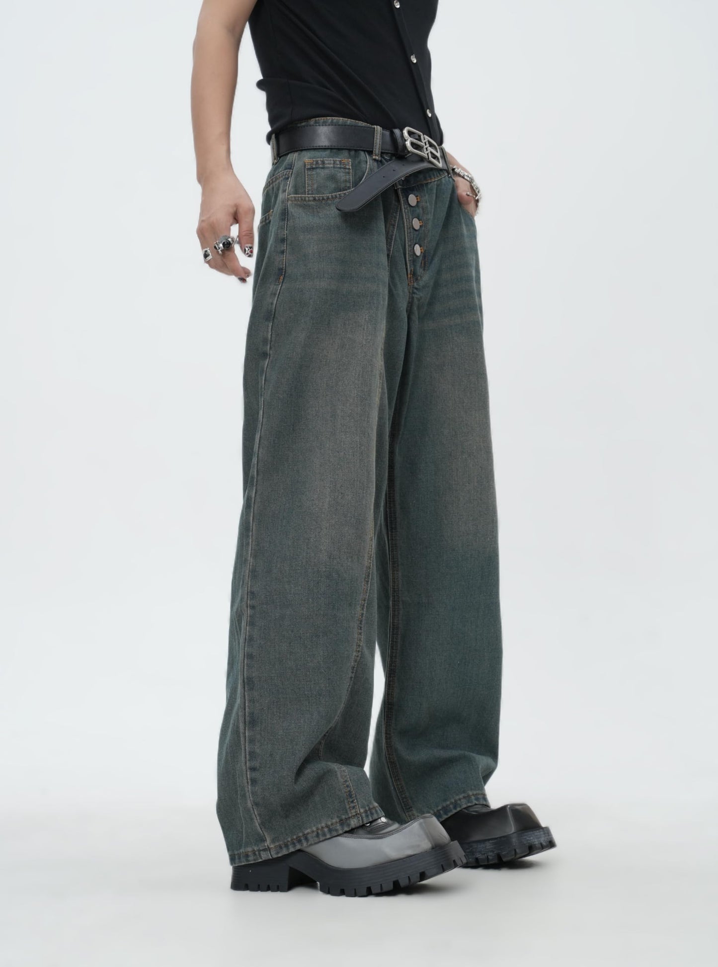 Zewool Men’s Diagonal Button Baggy Jeans