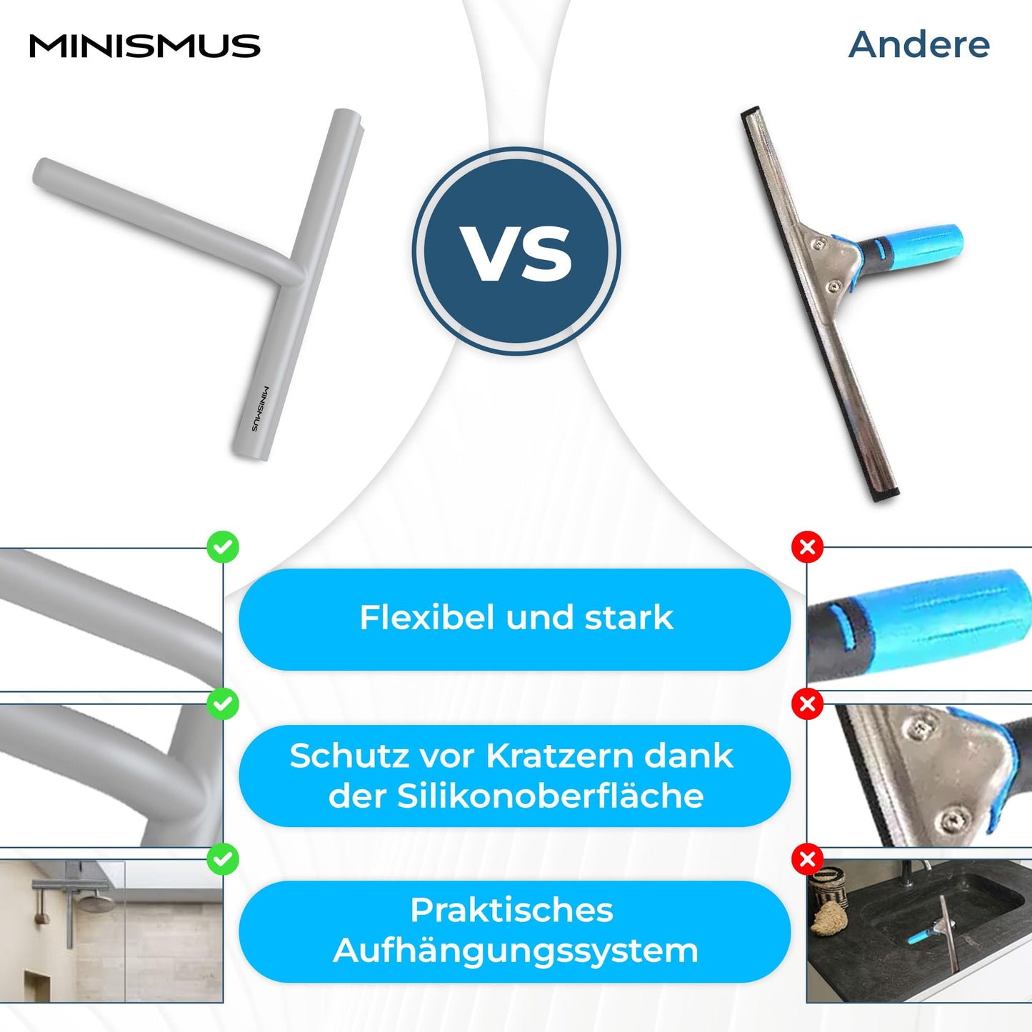 MINISMUS Fensterabzieher mit Aufhänger – Profi Abzieher Dusche - Duschabzieher – Schlierenfrei – Hochwertiger Silikon - Antirutsch (Schwarz)