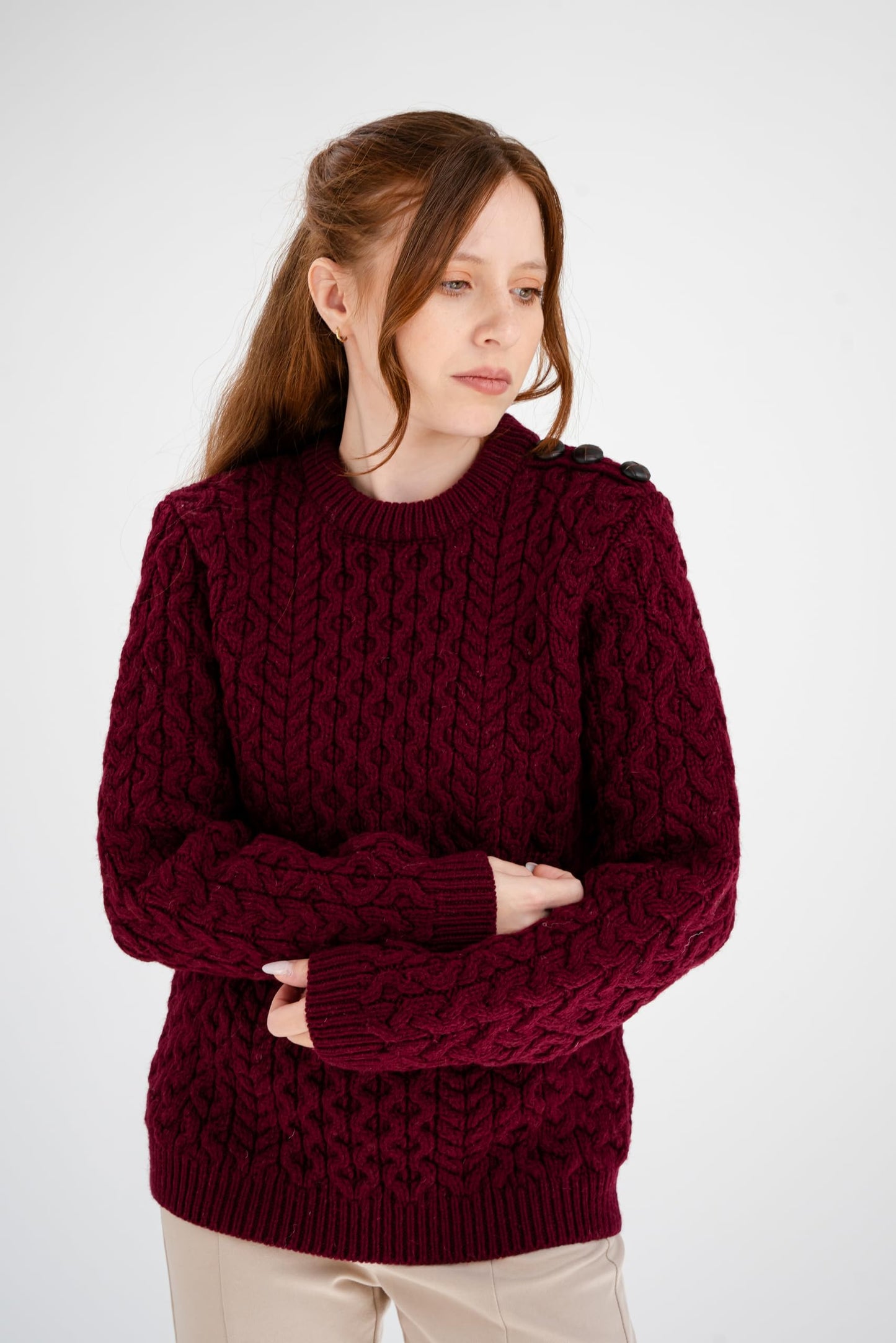 SAOL Women’s Merino Wool Sweater – Aran Knit with Side Buttons
