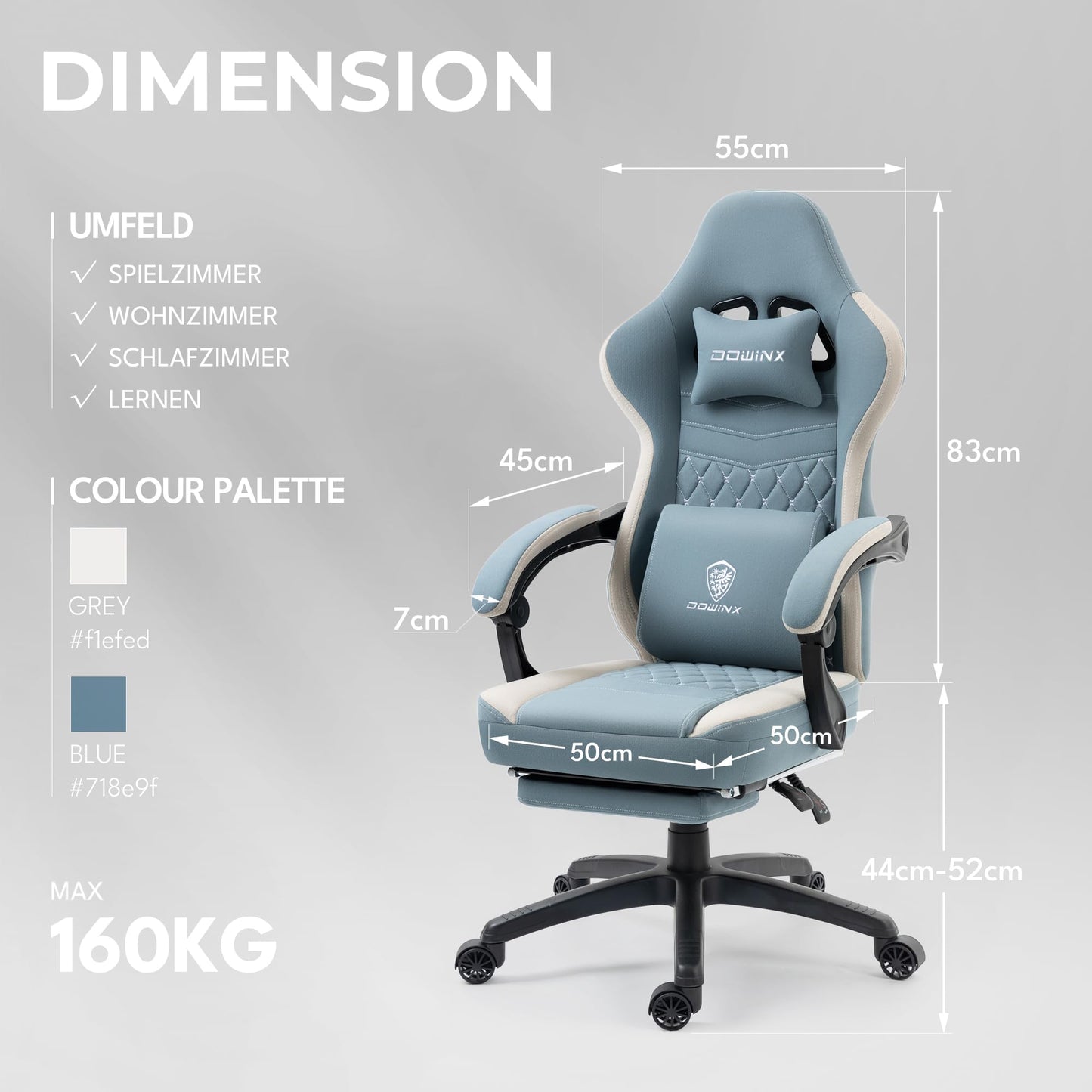 Dowinx Gaming Chair Fabric with Gel Pad, Massage Gaming Chair with Footrest, Ergonomic PC Chair, Gamer Chair with Storage Bag, Office Chair, 150 kg Load Capacity, Grey
