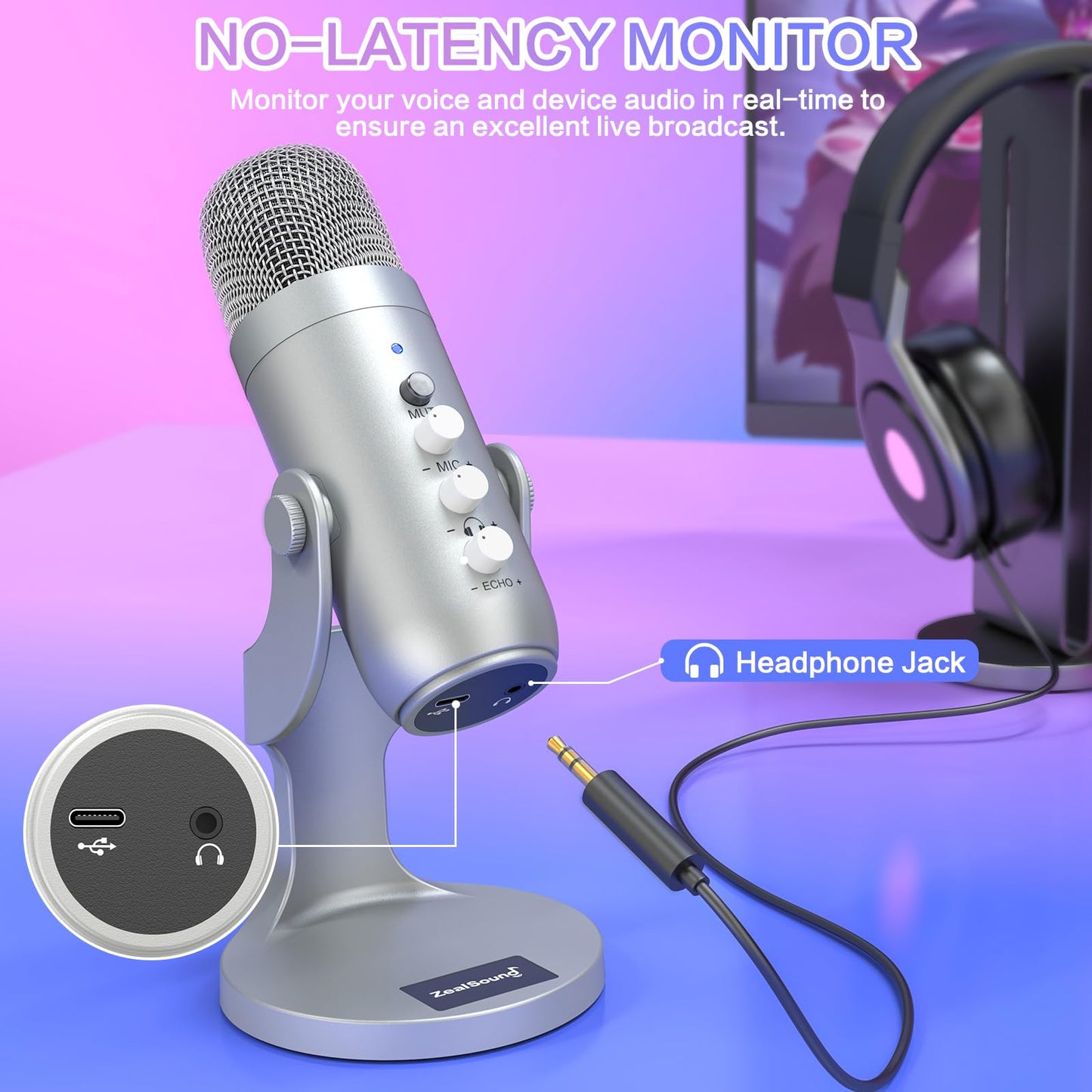 zealsound USB Mikrofon, Kondensator Mikrofon für PC Handy, PS4, PS5, Microphone PC USB C für Gaming, Podcast,Aufnahmen,Streaming,ASMR mit Stumm/Gain/Echo, Adapter für Phone,Kompatibel mit Mac, Winows