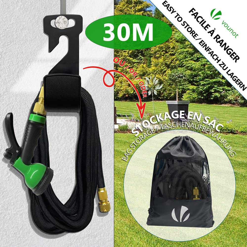 VOUNOT® Flexibler Gartenschlauch 30 m, Flexibel Wasserschlauch Dehnbarer mit 10 Sprühfunktionen, Schnelladaptern und Wandhalterung, Schwarz