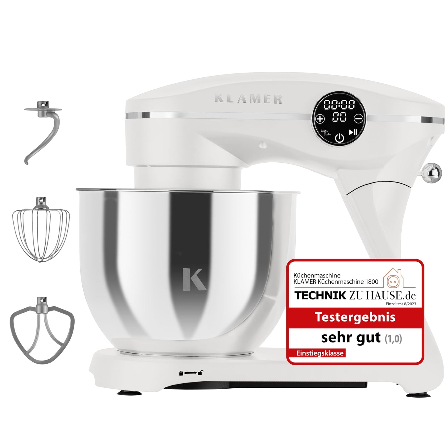 KLAMER Küchenmaschine 1800W, Knetmaschine Brotteig mit Edelstahl-Rührschüssel 6 L, 10 Stufen mit Timer, Planetenrührwerk, Rührbesen, Knethaken, Schneebesen & Sichtdeckel (schwarz)