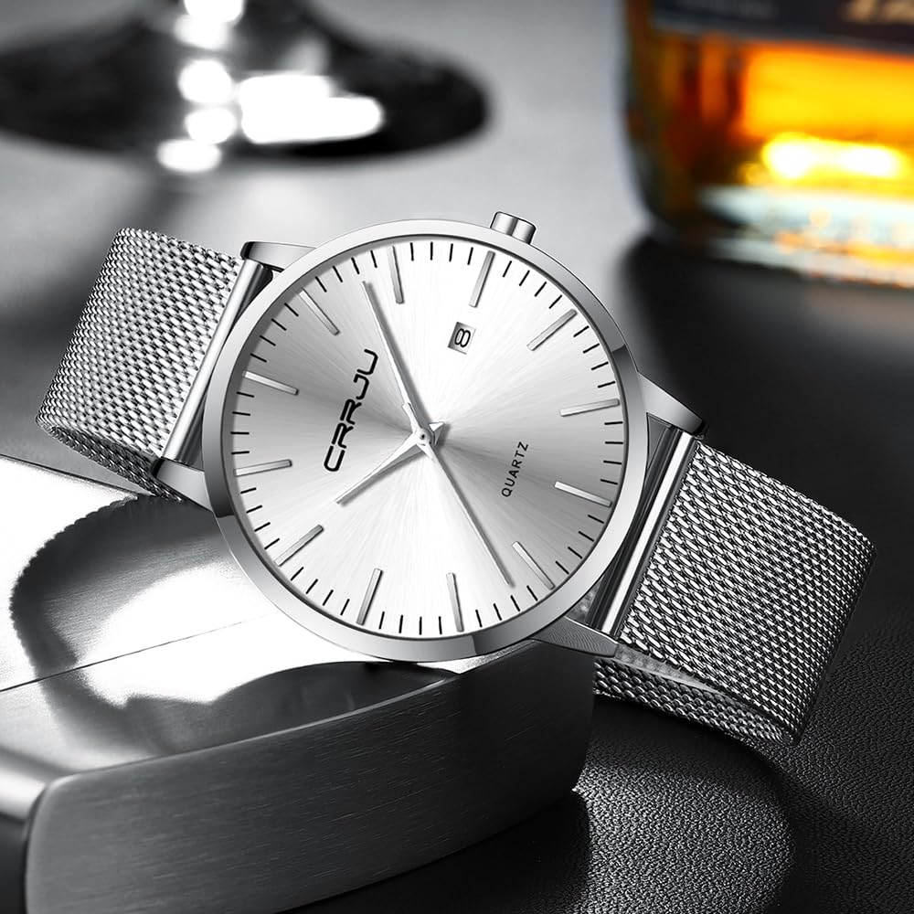 CRRJU Herren Uhr Ultra Dünne Wasserdicht Armbanduhr Herren Mode mit Schwarz Edelstahlband Mesh Analog Quarz Business Männer Uhren