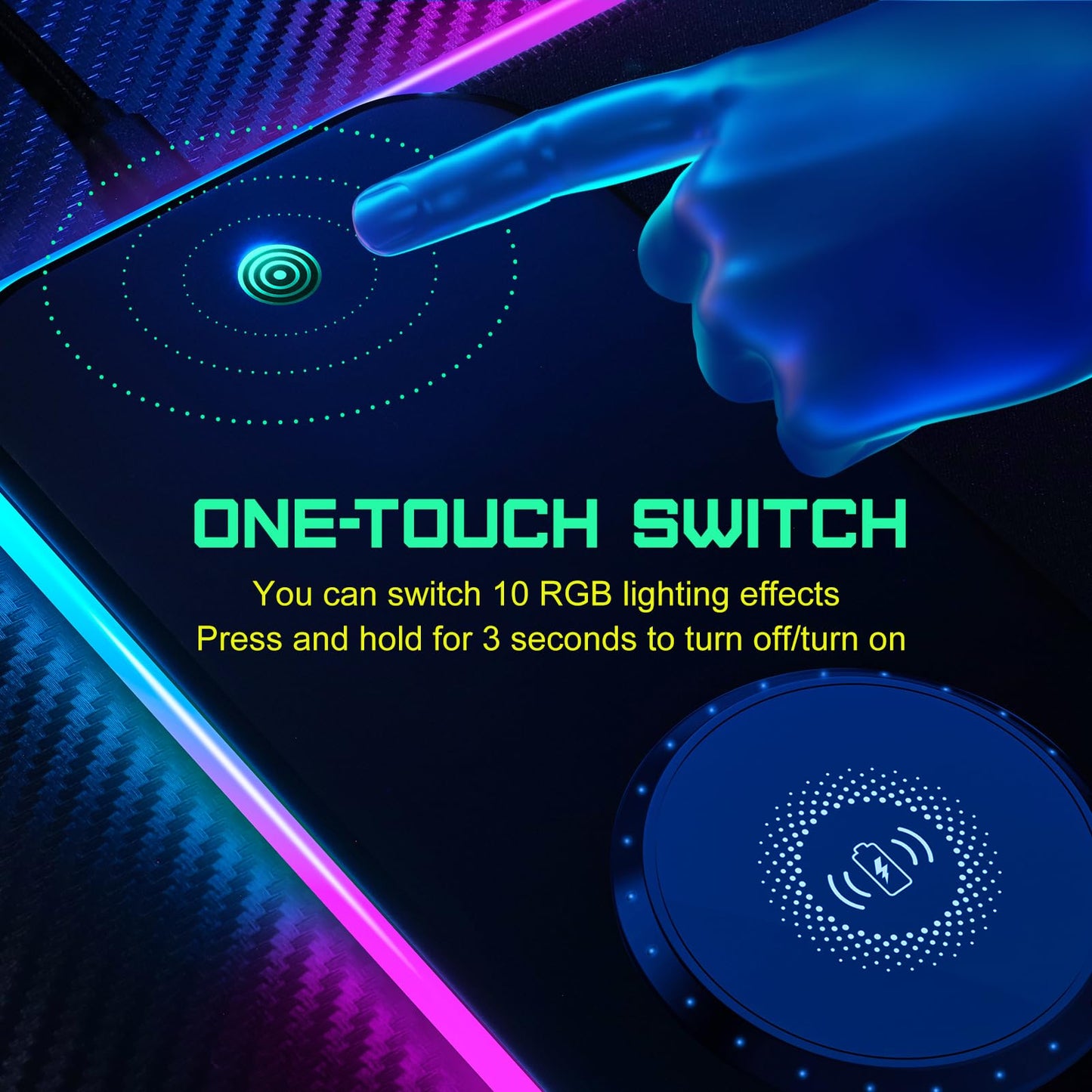 RGB Gaming Mauspad 15W Qi Mousepad LED, 10 Beleuchtungsmodi mit 15W Schnellladung Qi Kabelloses Laden für I-Phone Handy, Kopfhörer, Wasserdicht, rutschfest für Gaming, Schreibtische, PC und Büro
