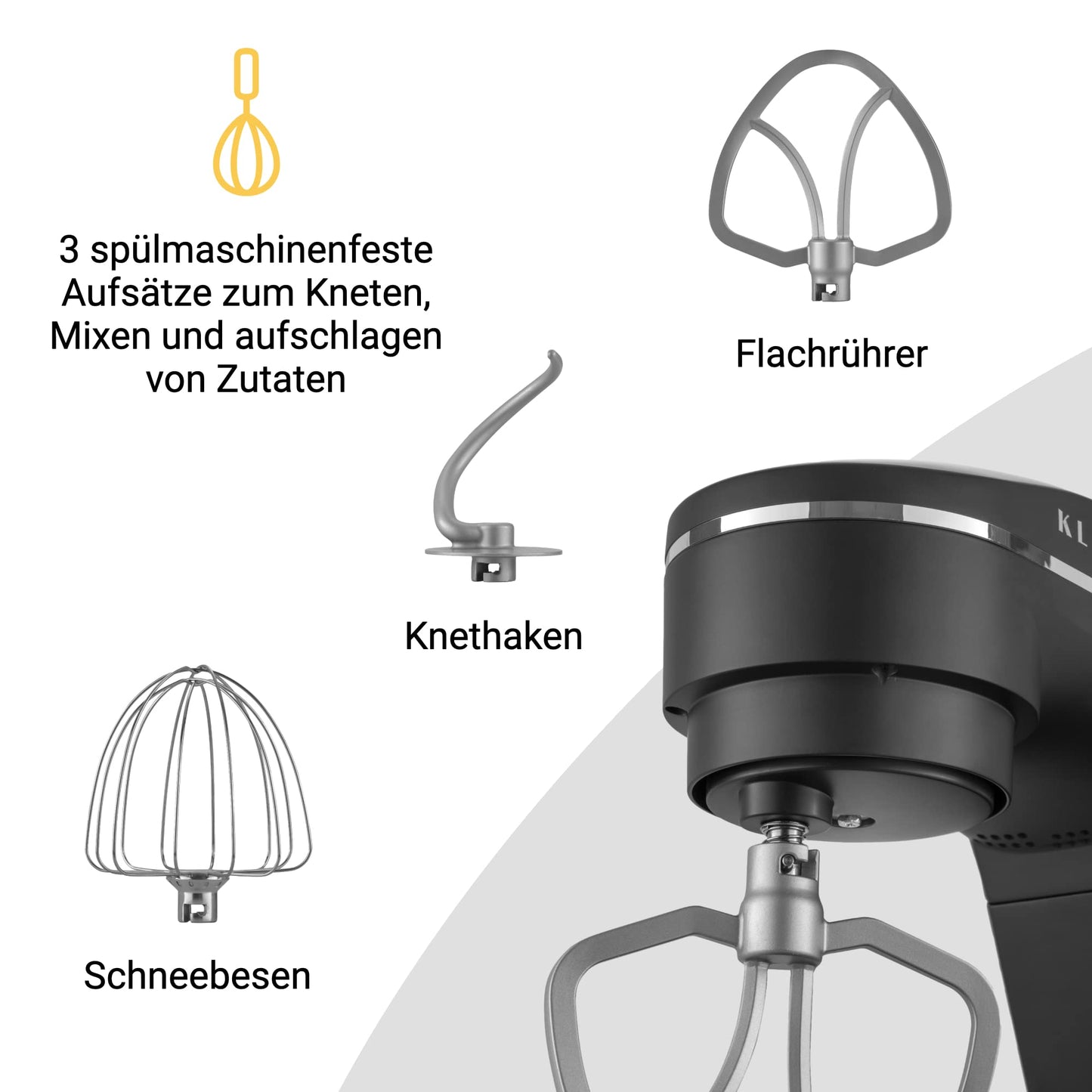 KLAMER Küchenmaschine 1800W, Knetmaschine Brotteig mit Edelstahl-Rührschüssel 6 L, 10 Stufen mit Timer, Planetenrührwerk, Rührbesen, Knethaken, Schneebesen & Sichtdeckel (schwarz)