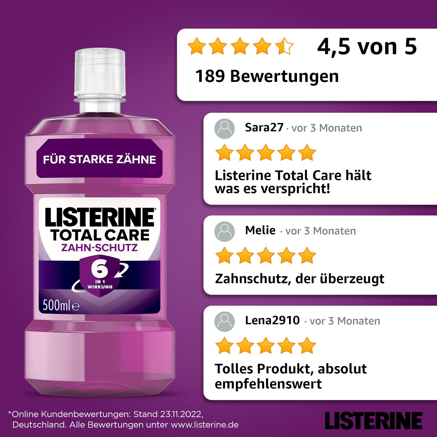 LISTERINE Total Care Zahn-Schutz (6 x 500 ml) - Testsieger Stiftung Warentest, 6 in 1 Wirkung, 24h frischer Atem, schützt gegen Karies & Zahnfleischprobleme, antibakterielles Mundwasser