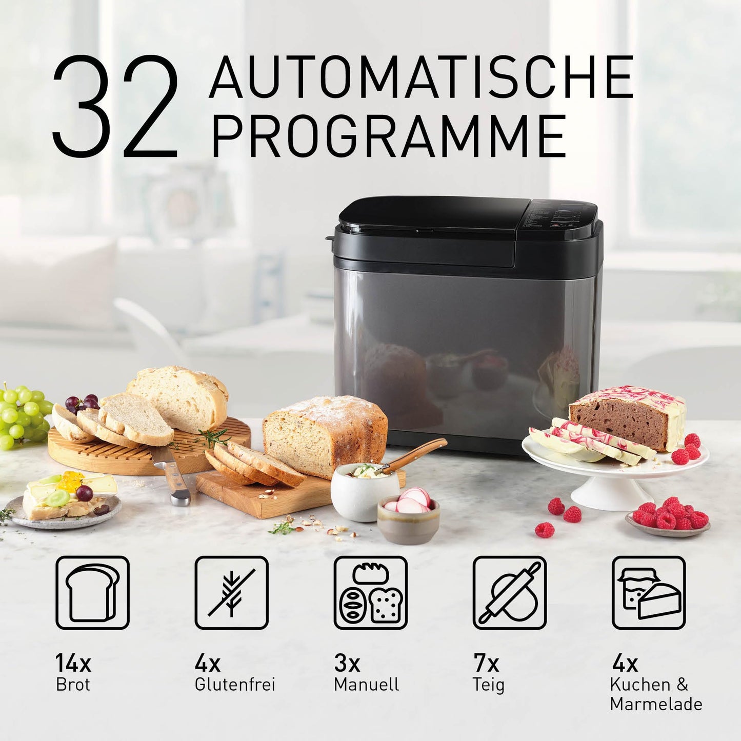 Panasonic Premium Grau Vollautomatischer Brotbackautomat, horizontales Design und Hefespender, 32 automatische Programme, zwei Temperatursensoren, 13-Stunden-Zeitvorwahl, Grau