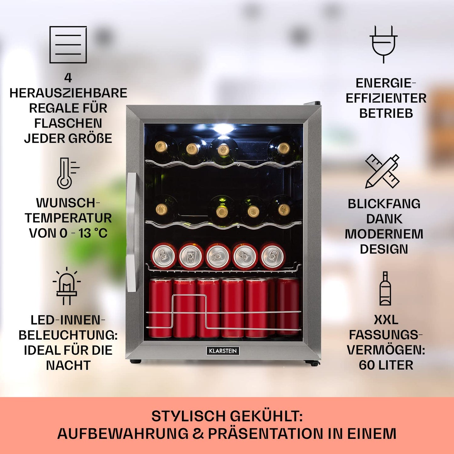 Klarstein Mini Fridge with Glass Door, Mini, for Room, Drinks Fridge Small with Adjustable Shelves, with Waveform Racks, 60 Liter Refrigerator Quiet