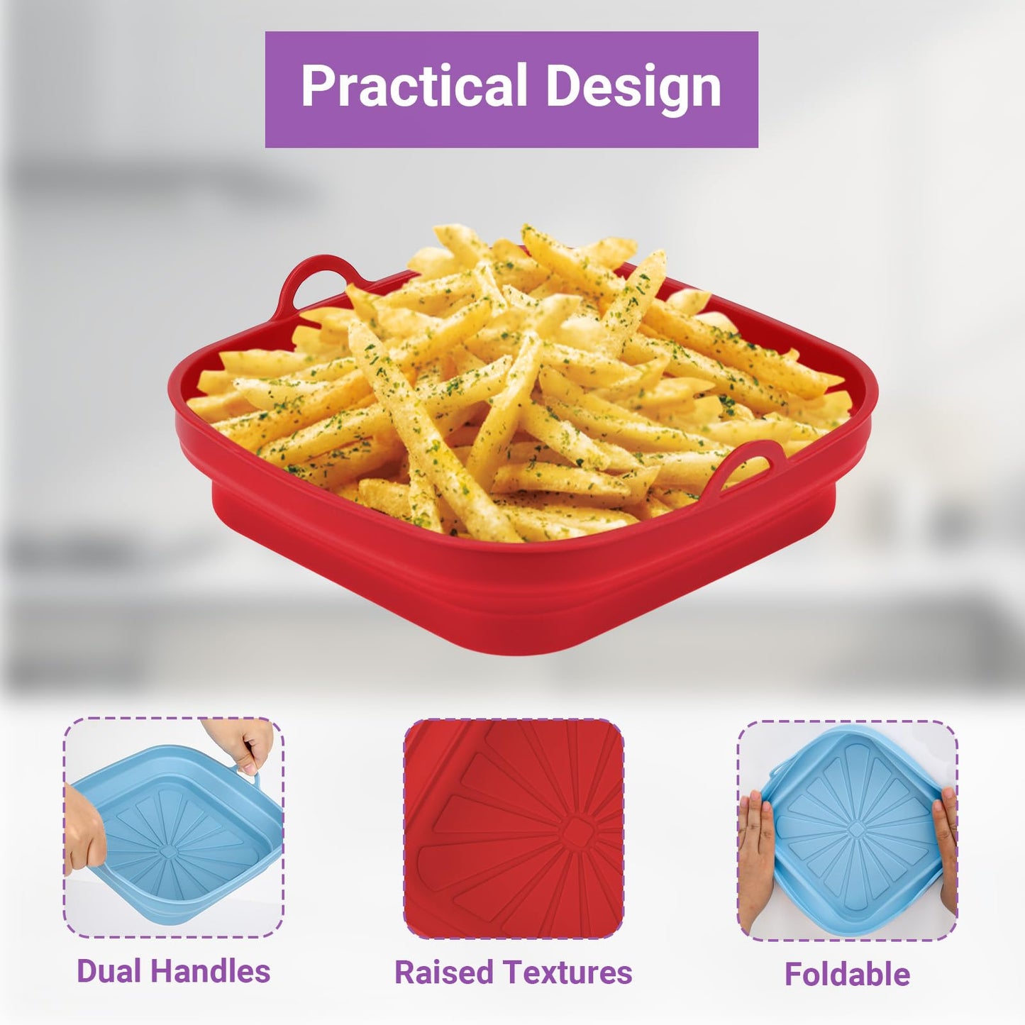 Alyvisun Silikonform für Heißluftfritteuse 2 Stück Airfryer Silikon Backform Wiederverwendbar Silikoneinsatz Zubehör Quadratisch Silikonmatte Pot Liner für Air Fryer, Mikrowelle, Ofen, Blau+Grau