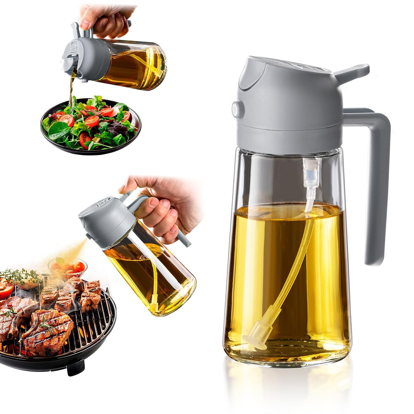 TrendPlain 16 oz Oil Sprayer for Cooking Oil - 470 ml Olive Oil Bottle - 2-in-1 Oil Dispenser and Oil Sprayer - Kitchen Gadgets for Cooking, Salad and Grill Black