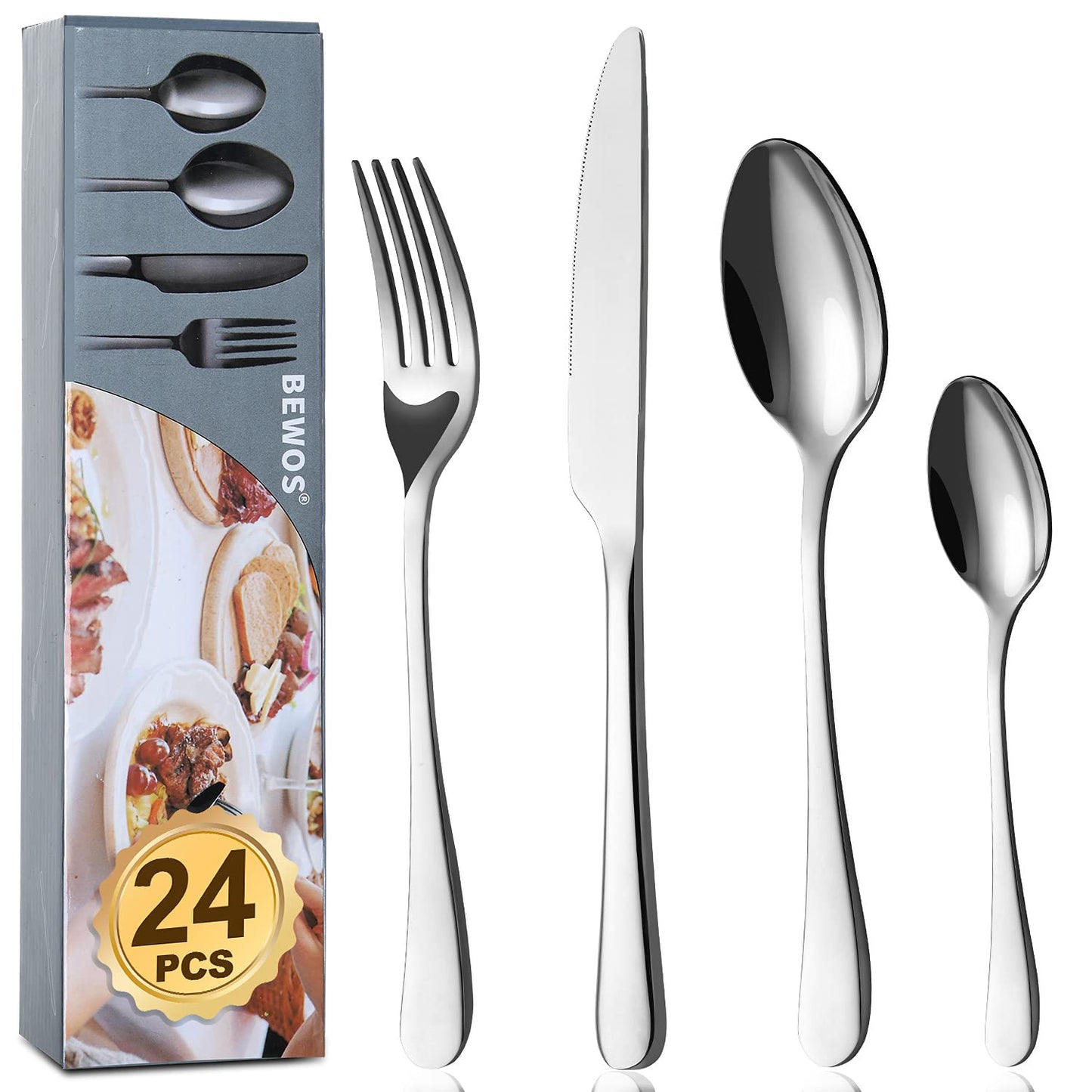 BEWOS Besteck Set für 6 Personen, 30 teilig Essbesteck Set inkl. Messer, Gabel, Löffel, Besteck Edelstahl Spiegelpoliert, Spülmaschinenfest