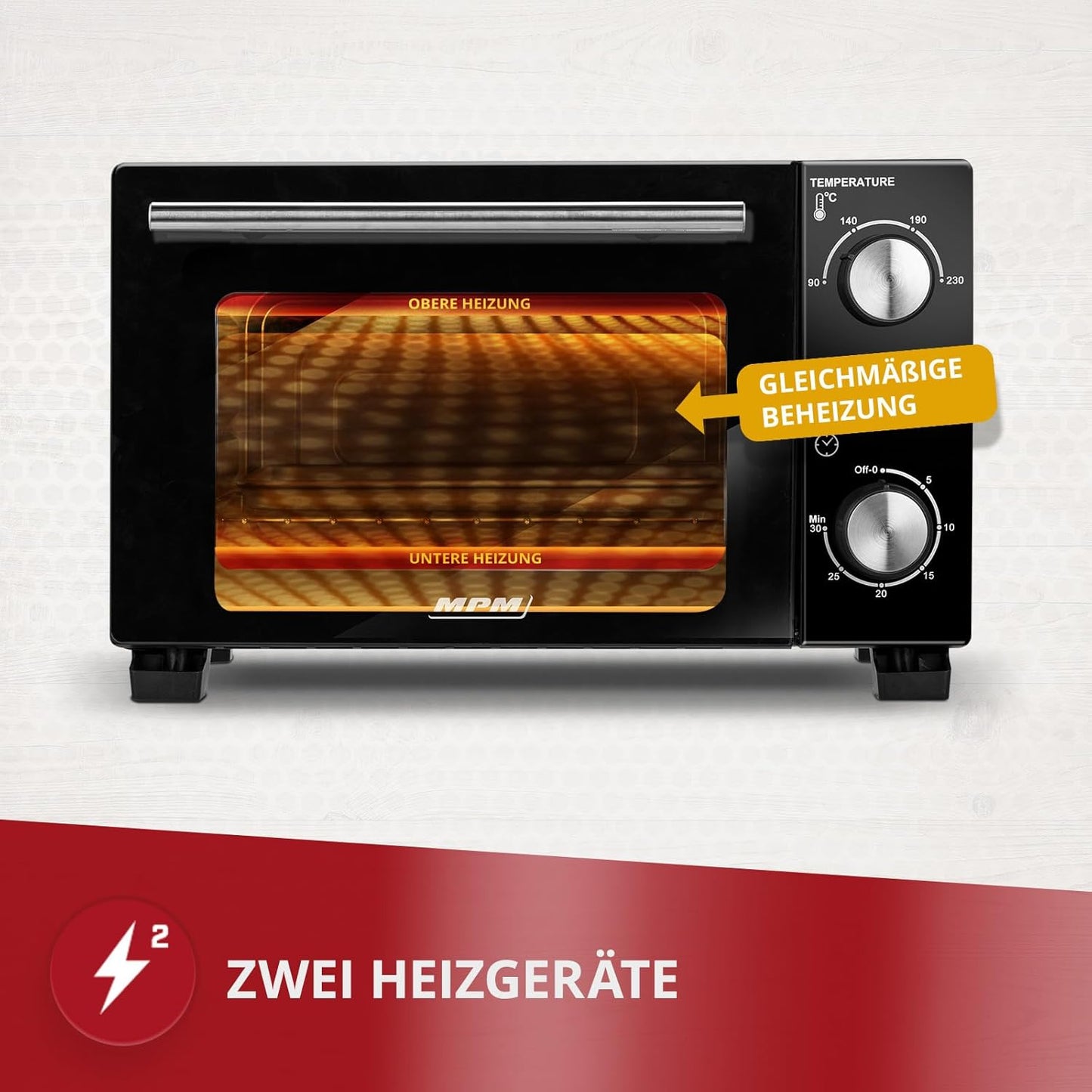 MPM Freistehender Elektrobackofen 10 Liter, Mini Ofen, Heißluft, 800W, Schwarz