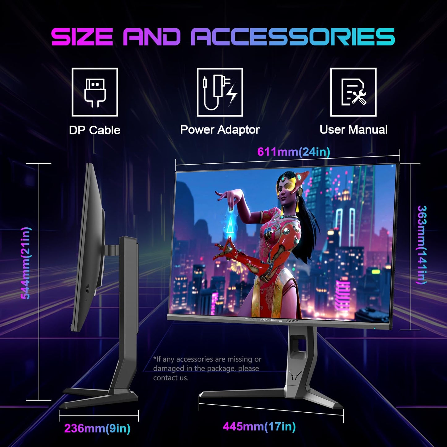 Minifire 24 Inch Monitor, 100 Hz, IPS, Full HD (1920 x 1080), AMD FreeSync, sRGB110%, Frameless Screen, Eye Care, HDMI Type-C, Adjustable Tilt, VESA (MF24X3A Type-C Cable Included)