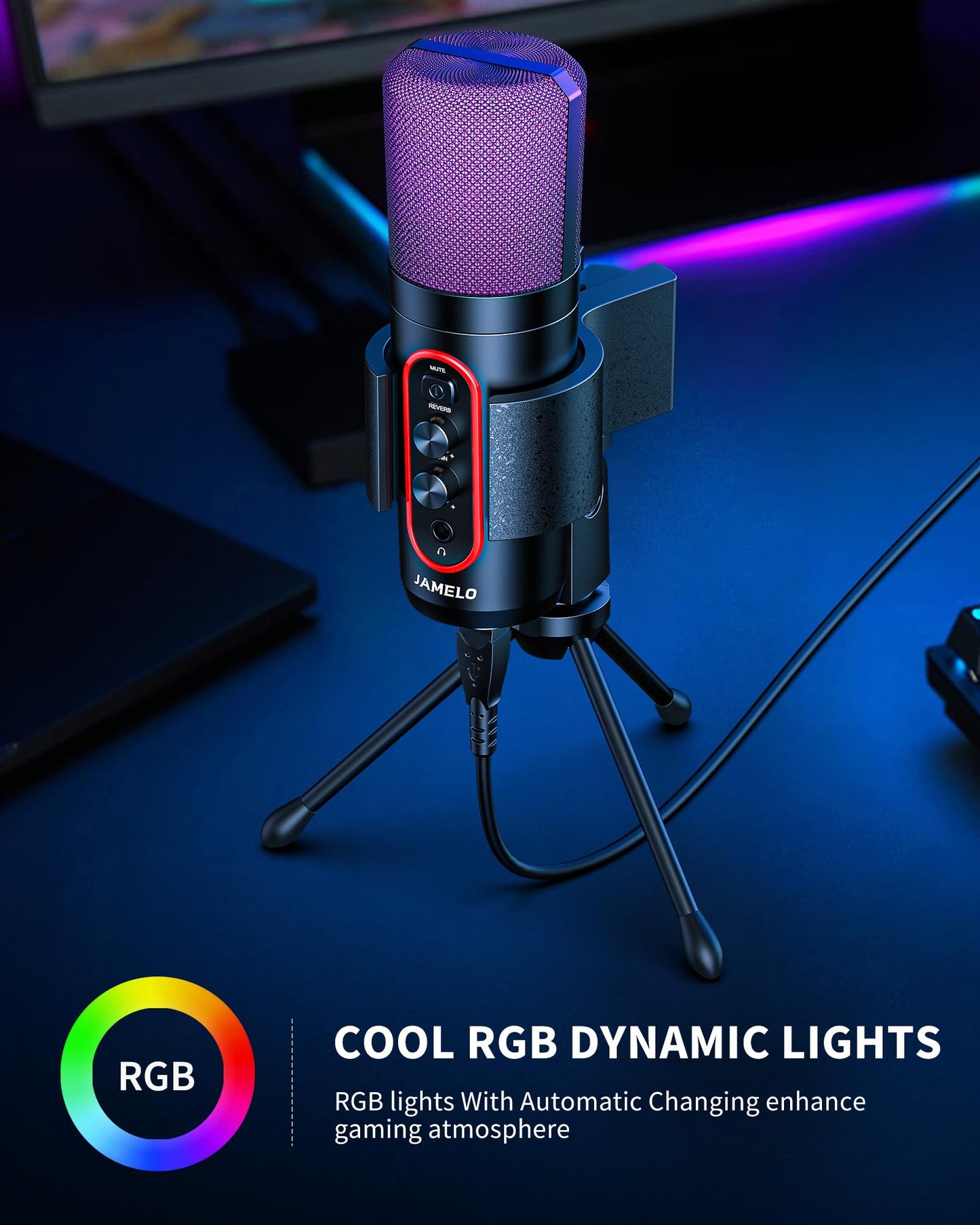 JAMELO USB Mikrofon, Kondensatormikrofon RGB Effekt PC Gaming Mikrofon mit Stummschaltung & Nachhall USB Mikrofon Tisch für Live-Streaming, Podcasting Gesangs- und Instrumentenaufnahmen