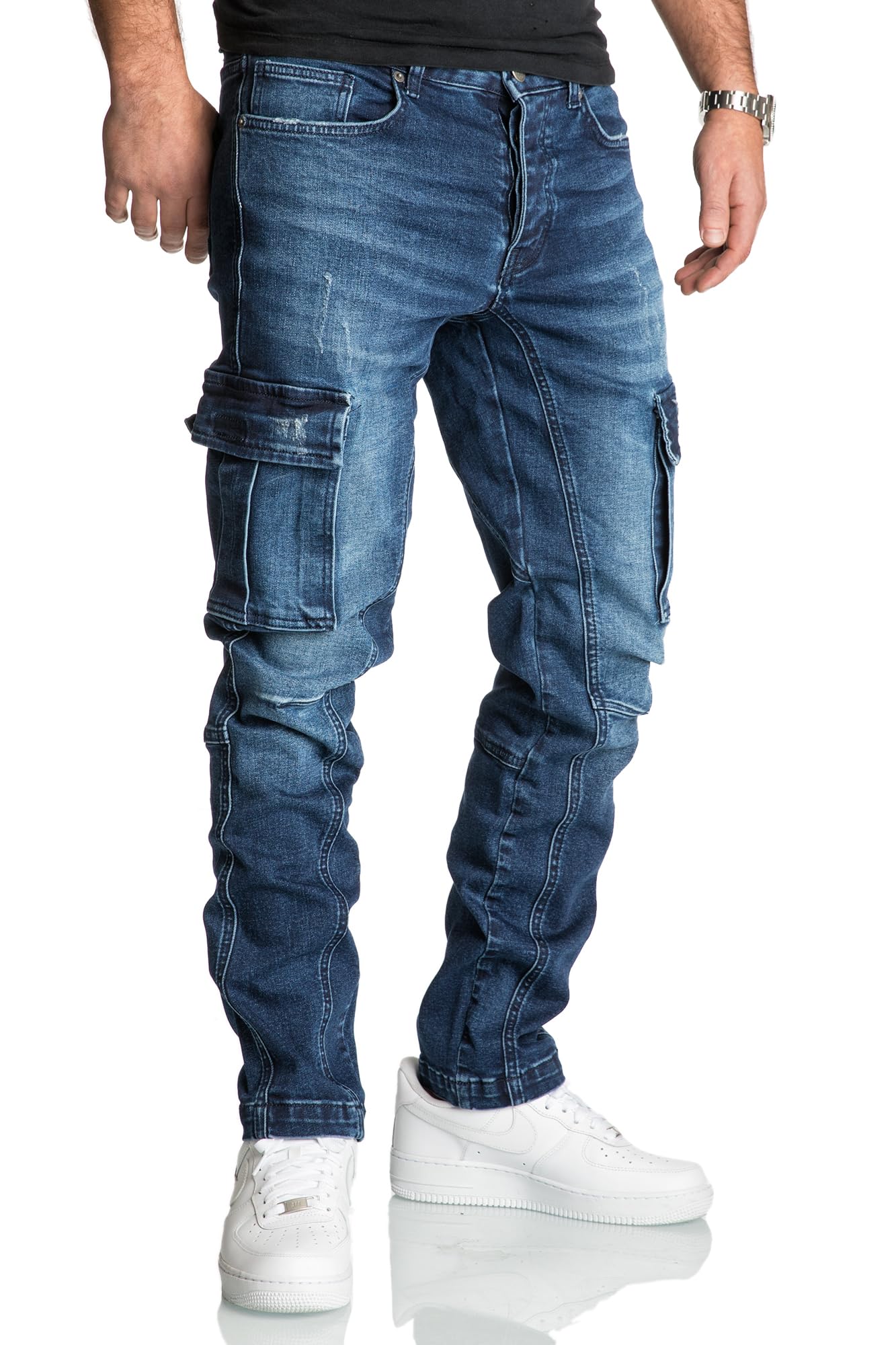 Men’s Cargo Jeans R7977 – Regular Slim Fit Stretch Denim Pants