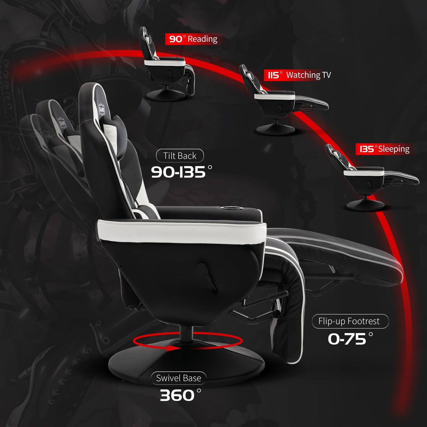 S*MAX Gaming Stuhl mit Fußstütze Gaming Sessel hoher Rückenlehne mit Verstellbarer Rückenlehne Becherhalter Seitentasche Gaming Stühle für Erwachsene Schwarz