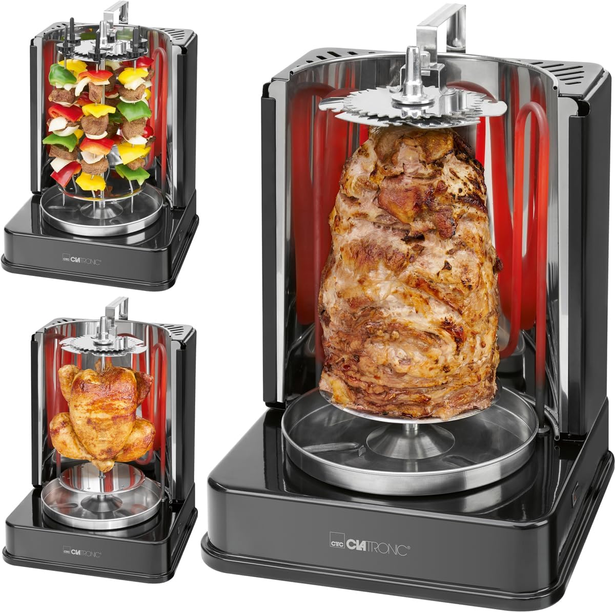 Clatronic® Döner-Vertikal-Multigrill | Multigrill Perfekt für Gyros, Kebab & mehr | Gyrosgrill für Fettfreies Grillen zuhause | Dönergrill Inkl. Drehspieß & 6 Fleischspieße | DVG 3686