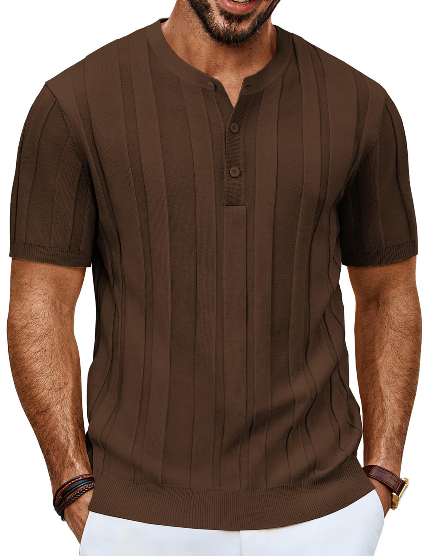Men’s Henley Knit T-Shirt – Short Sleeve Summer Casual Tee