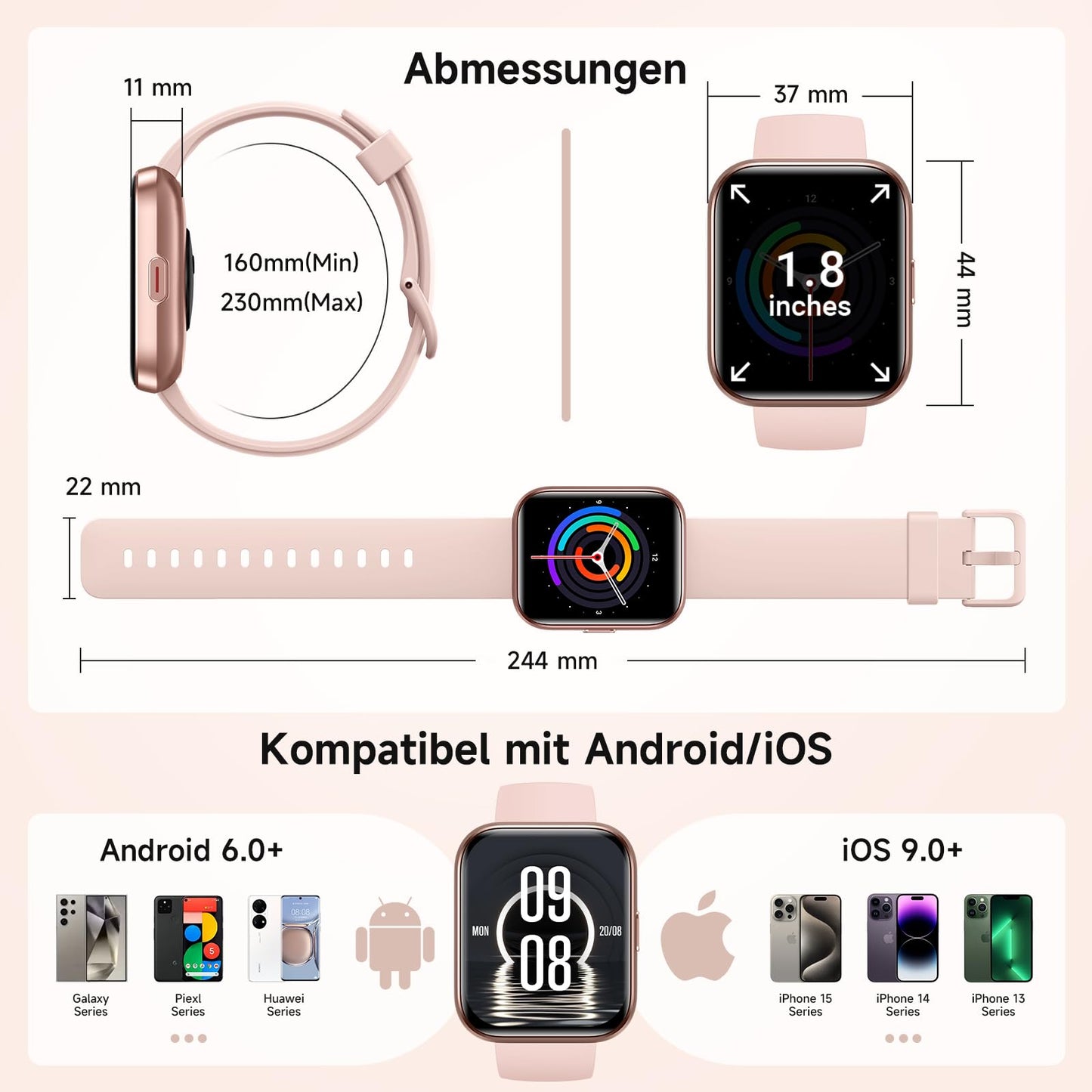 Smartwatch Damen Herren, Smart Watch mit Telefonfunktion Alexa, 1,8" Fitnessuhr Damen Sportuhr mit 100 Sportmodi & IP68, Herzfrequenz SpO2 Schlafmonitor, Armbanduhr Schrittzähler Uhr für Android iOS