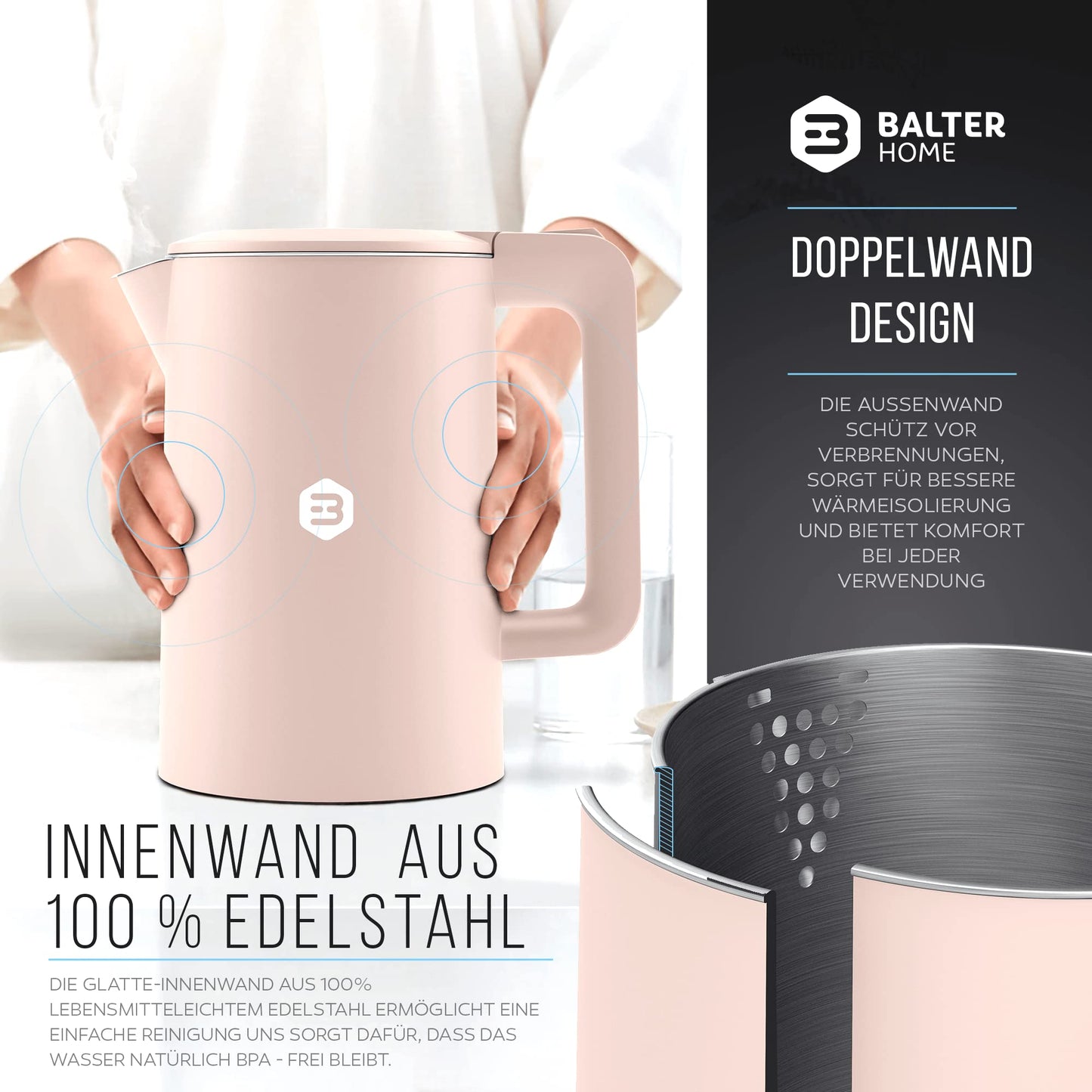 Balter Wasserkocher Edelstahl WK-4, 1,7 Liter, elektrischer Wasserkocher, Doppelwand Design, BPA frei, LED, Teekocher Kompakt, leise (Schwarz)