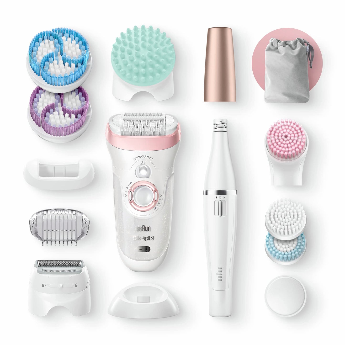 Braun Silk-épil 9 Beauty-Set, Epilierer Damen / Haarentferner, FaceSpa Gesichtshaarentferner, Aufsätze für Rasierer, Peeling, Reinigung Gesicht/Körper, Tasche, 9-995, weiß/flamingo