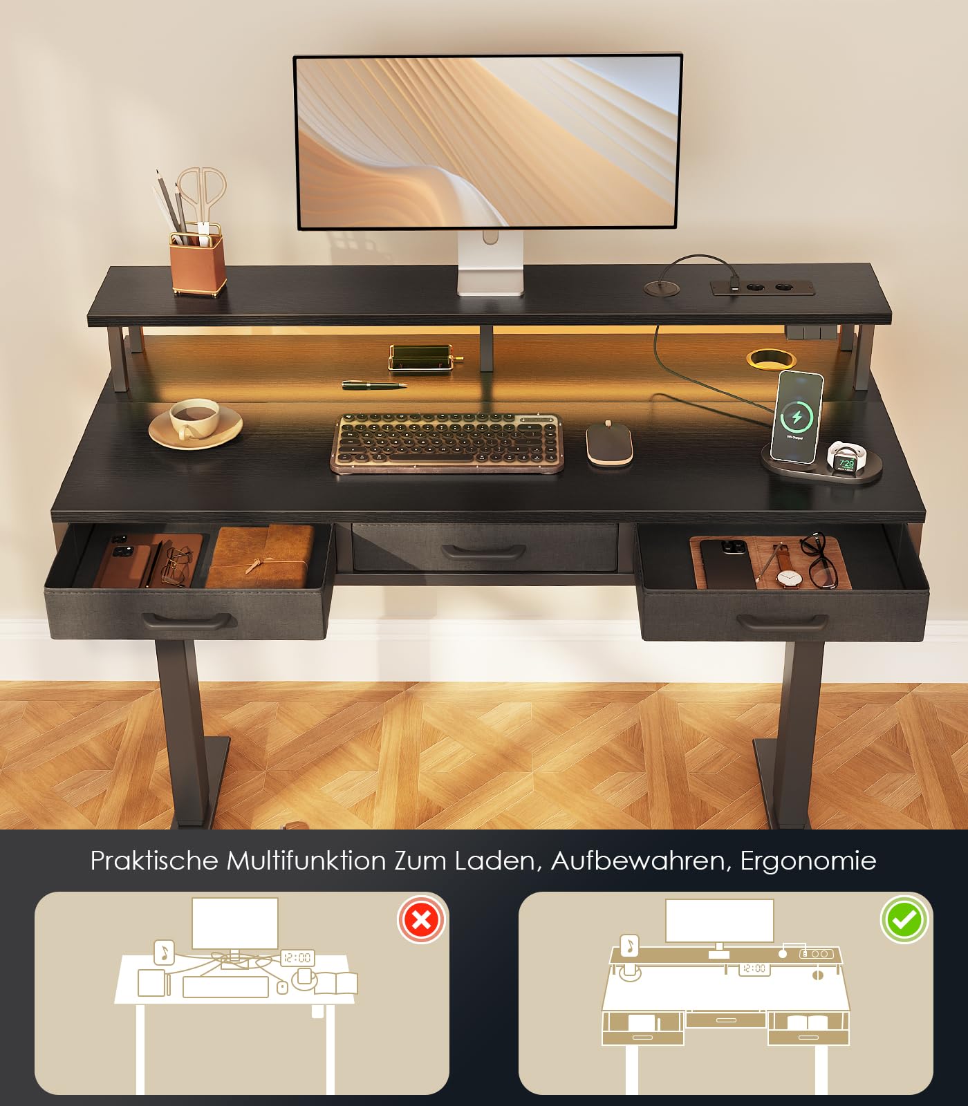 OffiGo Elektrischer Schreibtisch mit Schubladen, 120cm Höhenverstellbarer Schreibtisch mit Monitorständer, Gaming Tisch mit Steckdosen und Lichtleiste, Tisch Höhenverstellbar Bürotisch, Weiß