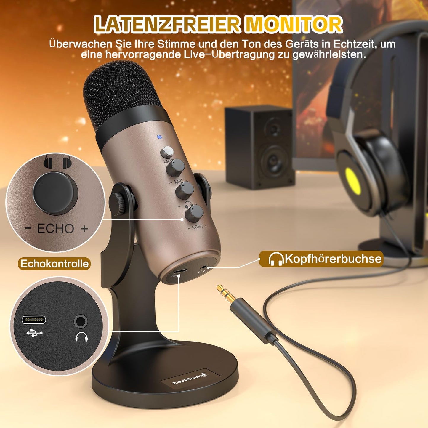 zealsound USB Mikrofon, Kondensator Mikrofon für PC Handy, PS4, PS5, Microphone PC USB C für Gaming, Podcast,Aufnahmen,Streaming,ASMR mit Stumm/Gain/Echo, Adapter für Phone,Kompatibel mit Mac, Winows