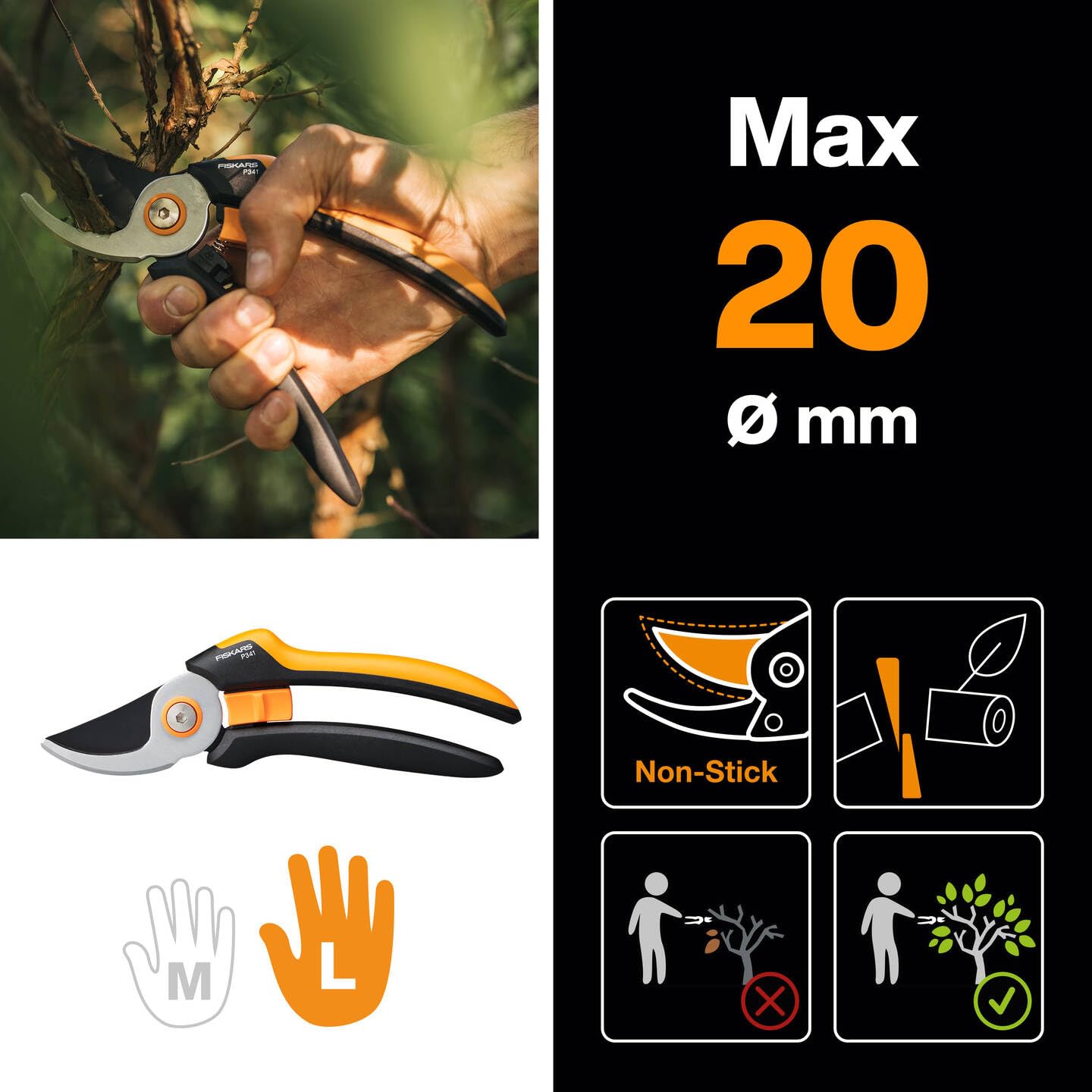 Fiskars Bypass-Gartenschere für frische Äste und Zweige, Antihaftbeschichtet, Hochwertige Stahl-Klingen, Länge: 20 cm, Schwarz/Orange, SingleStep