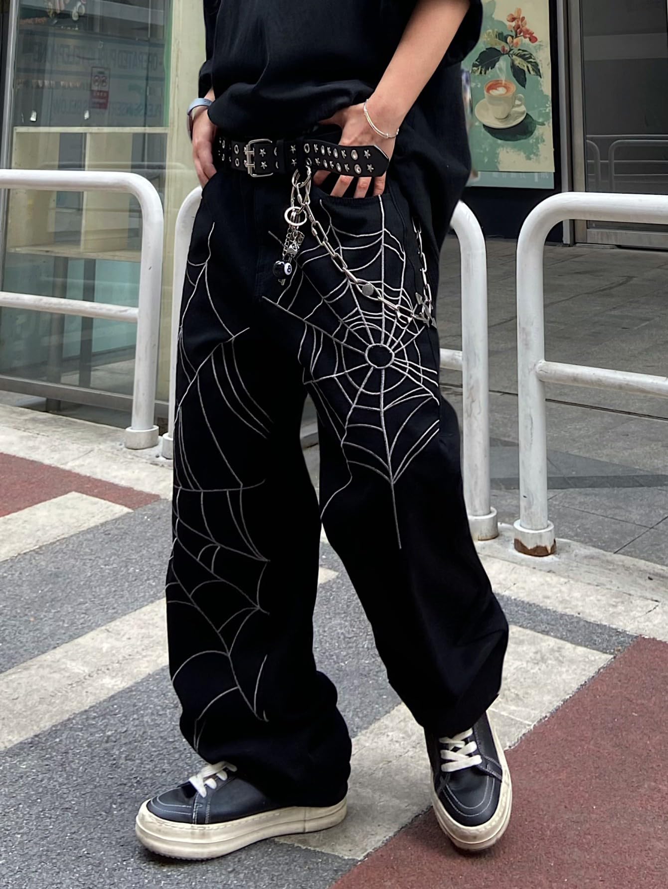 Men’s Baggy Jeans with Spider Web Embroidery