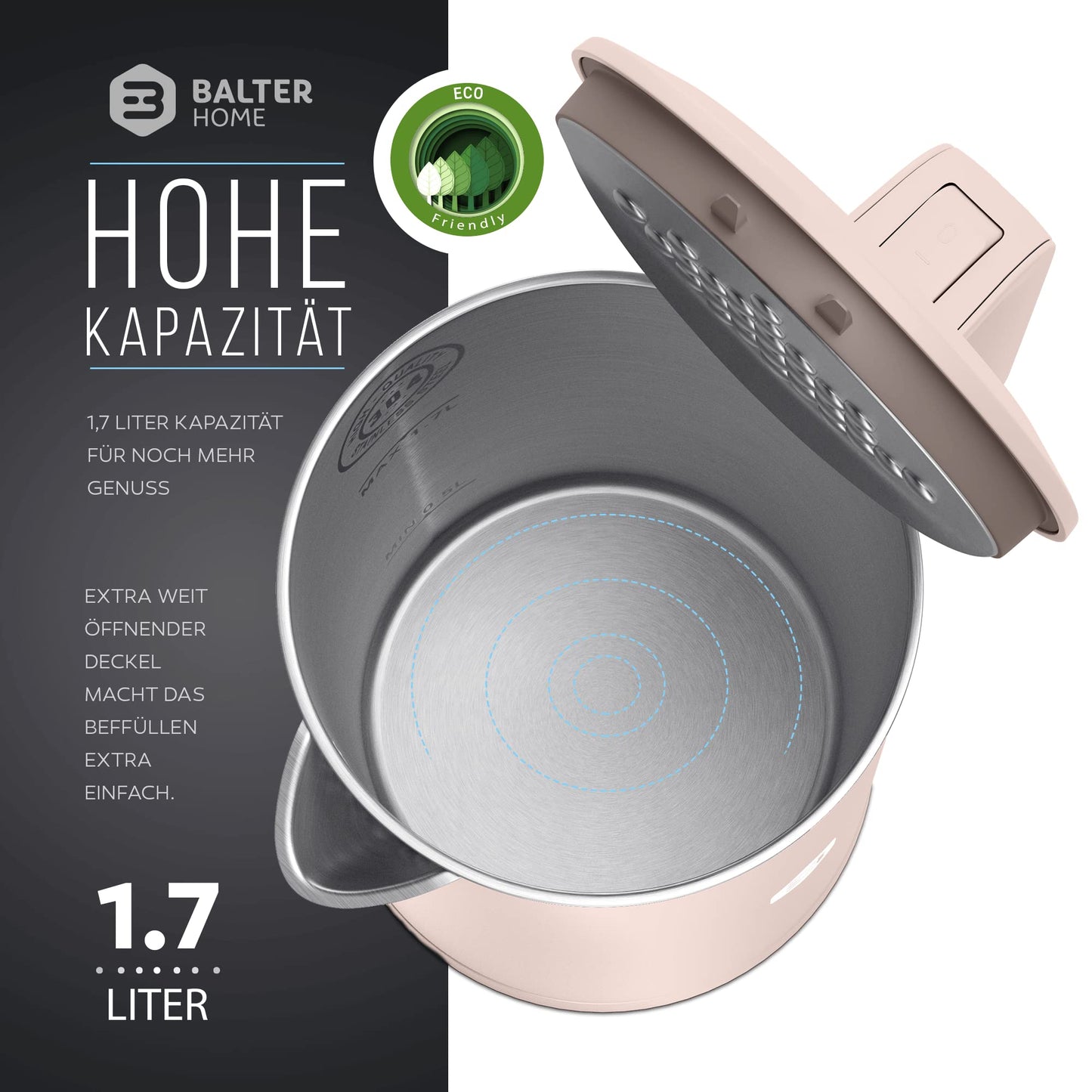 Balter Wasserkocher Edelstahl WK-4, 1,7 Liter, elektrischer Wasserkocher, Doppelwand Design, BPA frei, LED, Teekocher Kompakt, leise (Schwarz)