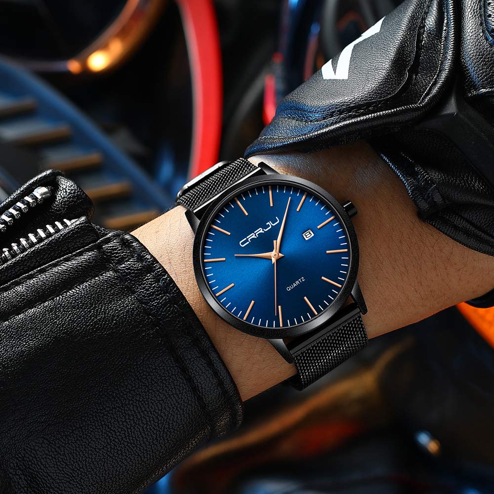 CRRJU Herren Uhr Ultra Dünne Wasserdicht Armbanduhr Herren Mode mit Schwarz Edelstahlband Mesh Analog Quarz Business Männer Uhren