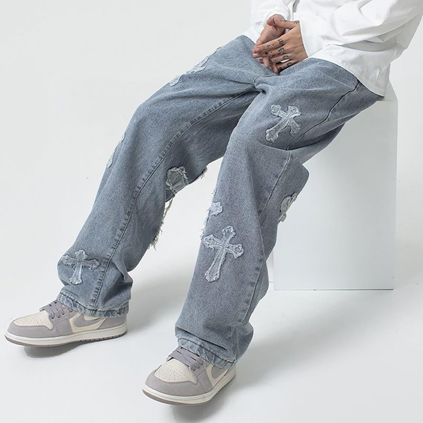 Y2K Vintage Effect Baggy Jeans for Men with Cross Print