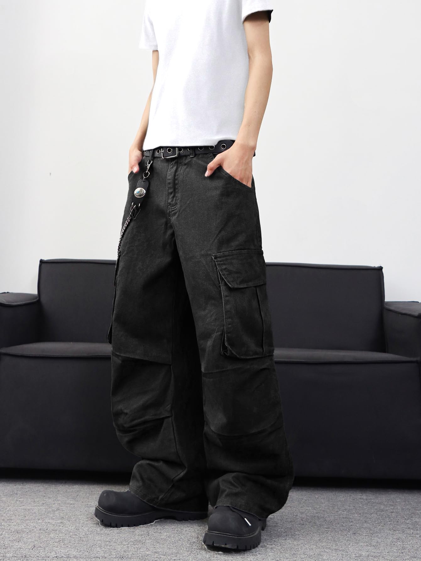 Zewool Men’s Casual Wide-Leg Denim Cargo Pants – Medium Weight Baggy Jeans