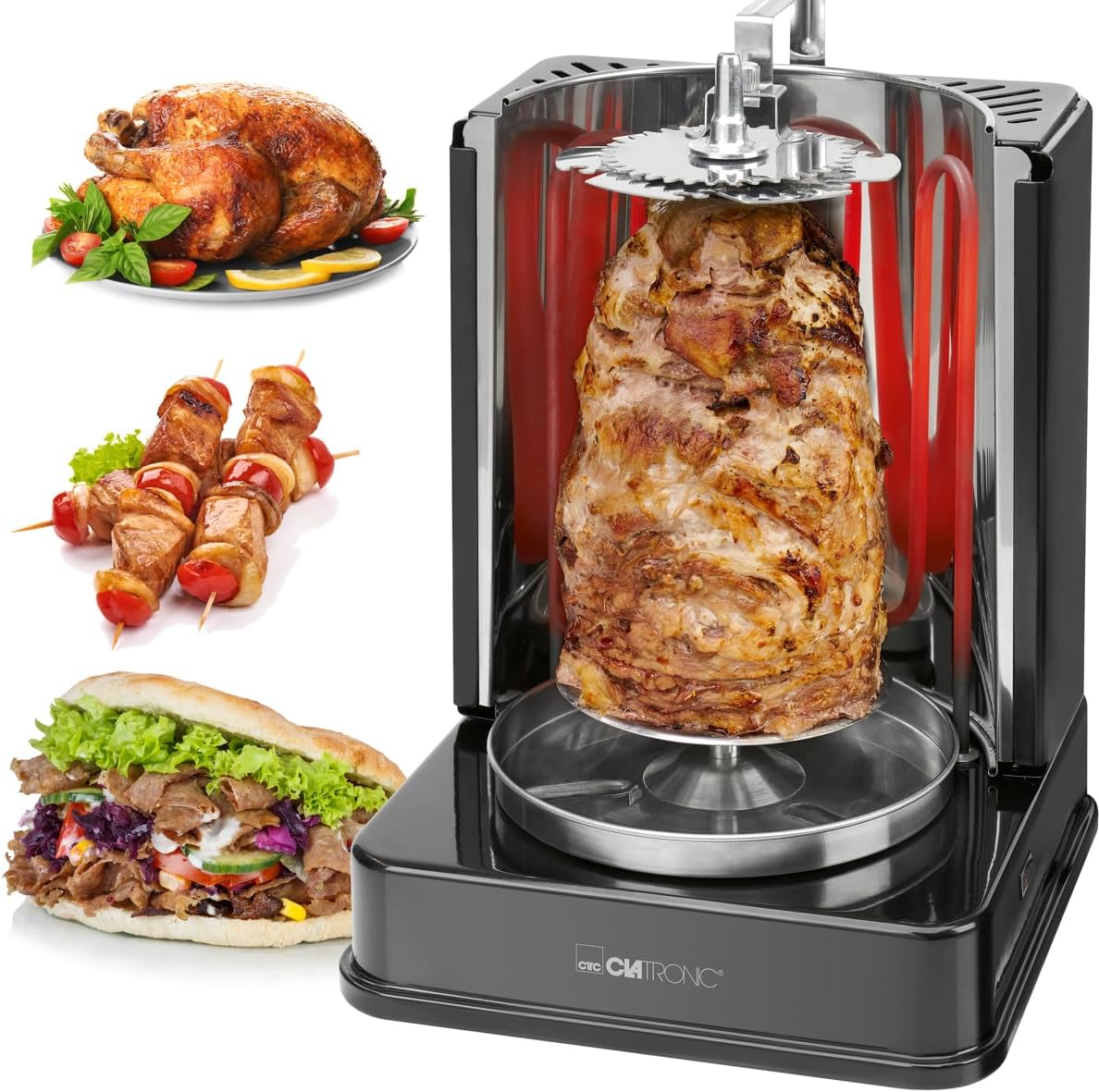 Clatronic® Döner-Vertikal-Multigrill | Multigrill Perfekt für Gyros, Kebab & mehr | Gyrosgrill für Fettfreies Grillen zuhause | Dönergrill Inkl. Drehspieß & 6 Fleischspieße | DVG 3686